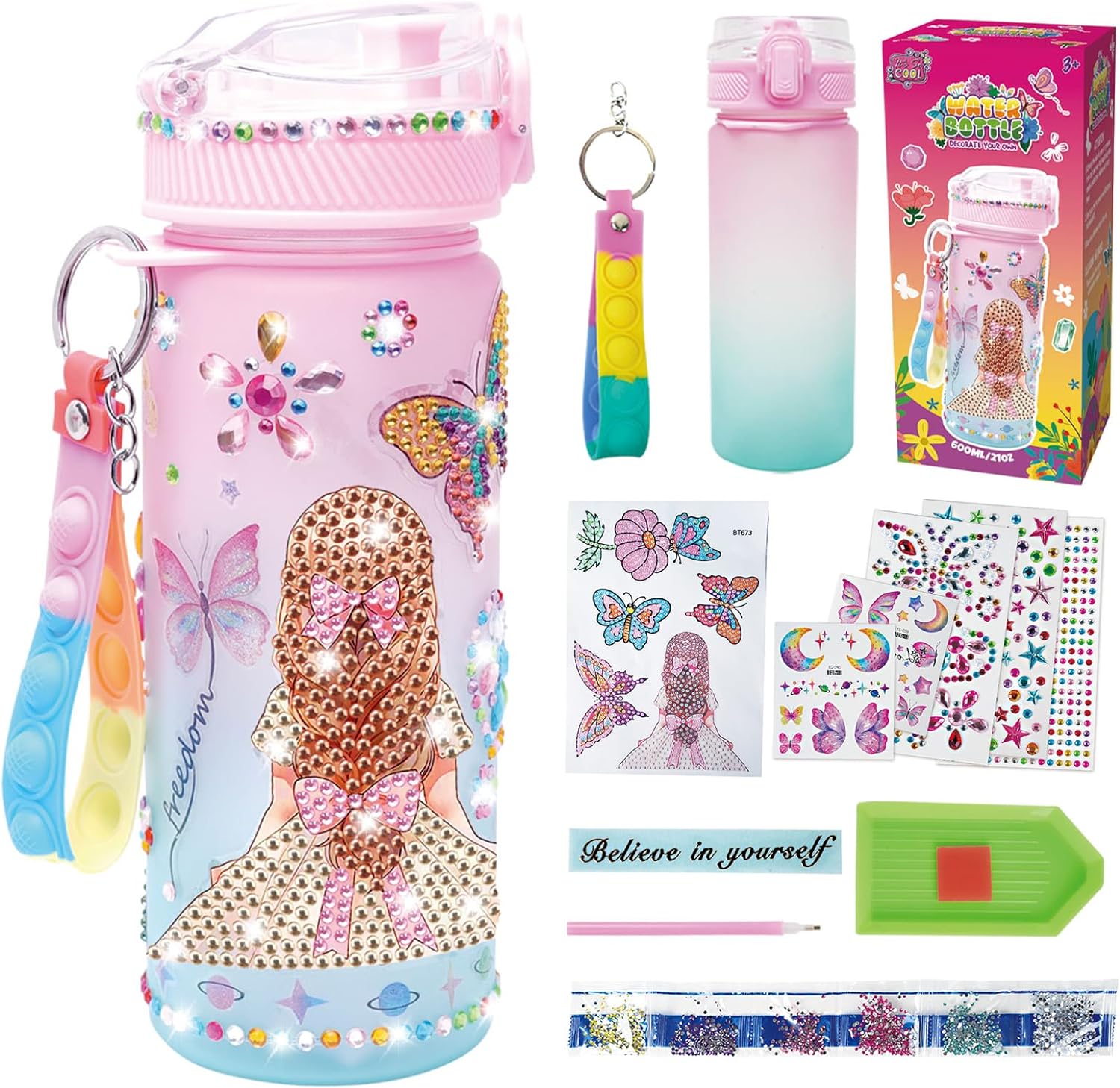 Decorate Your Own Water Bottle Kits for Girls Age 4-13, Butterfly Gem Girls Diam...