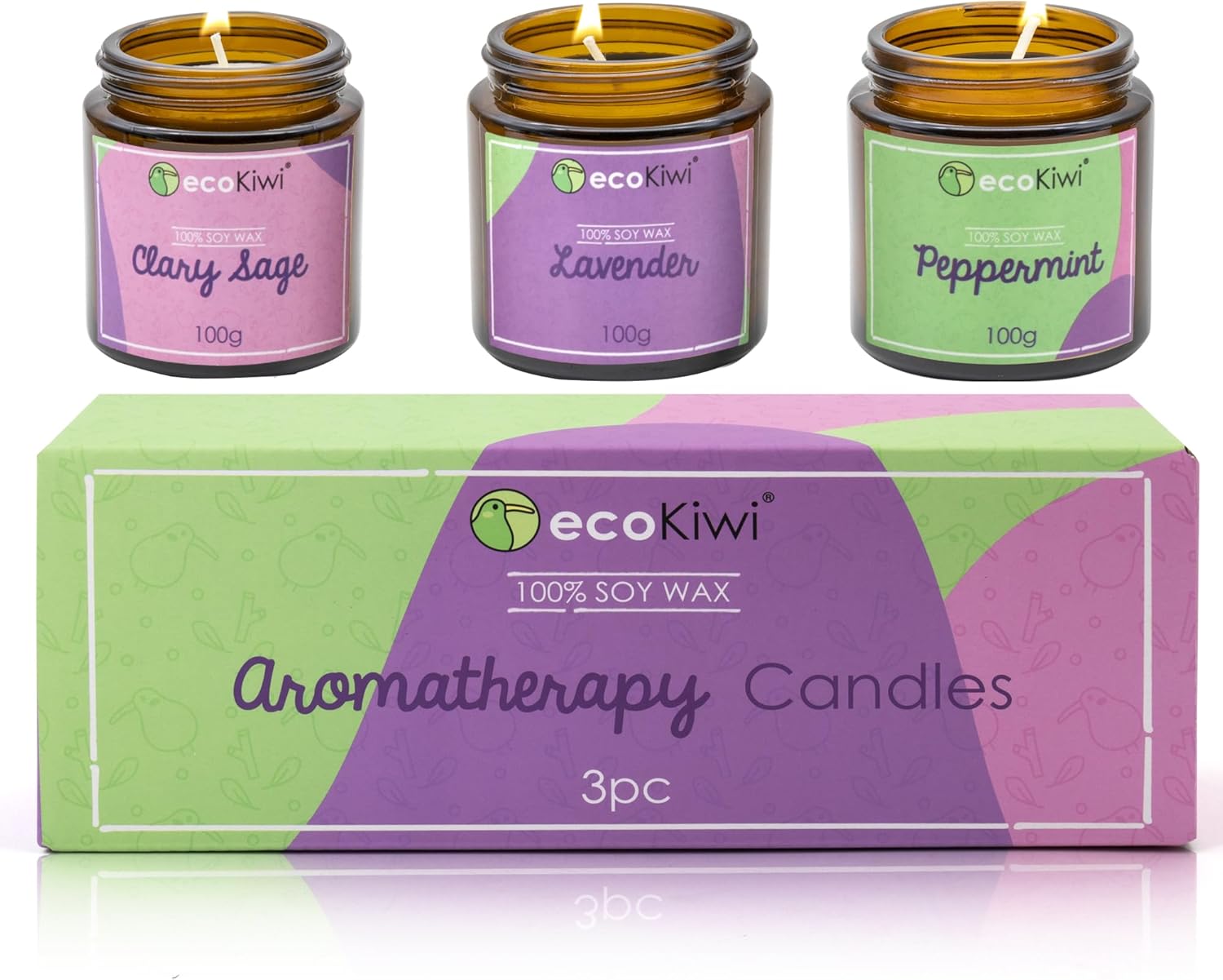 ecoKiwi Candles Gifts for Women - 3x100g - Vegan Clary Sage, Lavender & Peppermi...