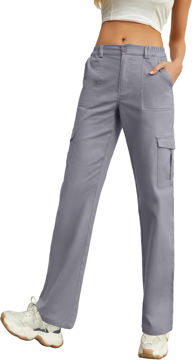 PrinStory Cargo Trousers for Women Elastic Waisted Casual Pants Baggy Stretchy W...