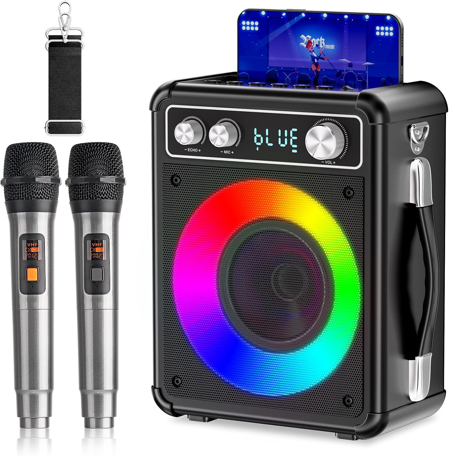 Karaoke Machine, Portable Bluetooth Speaker with 2 Wireless Microphones, PA Syst...