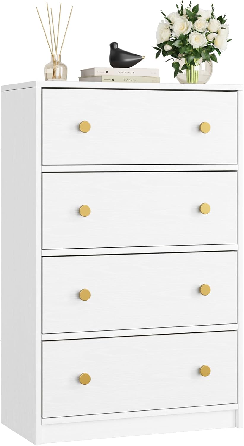 Nicehill White Chest of Drawers with 4 Drawers, Wooden Frame & Gold Handles, Fab...