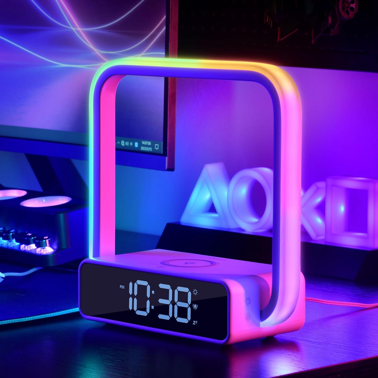 AGEK Bedside Lamp Wireless Charger, LED Table Lamp with Alarm Clock Dimmable RGB...