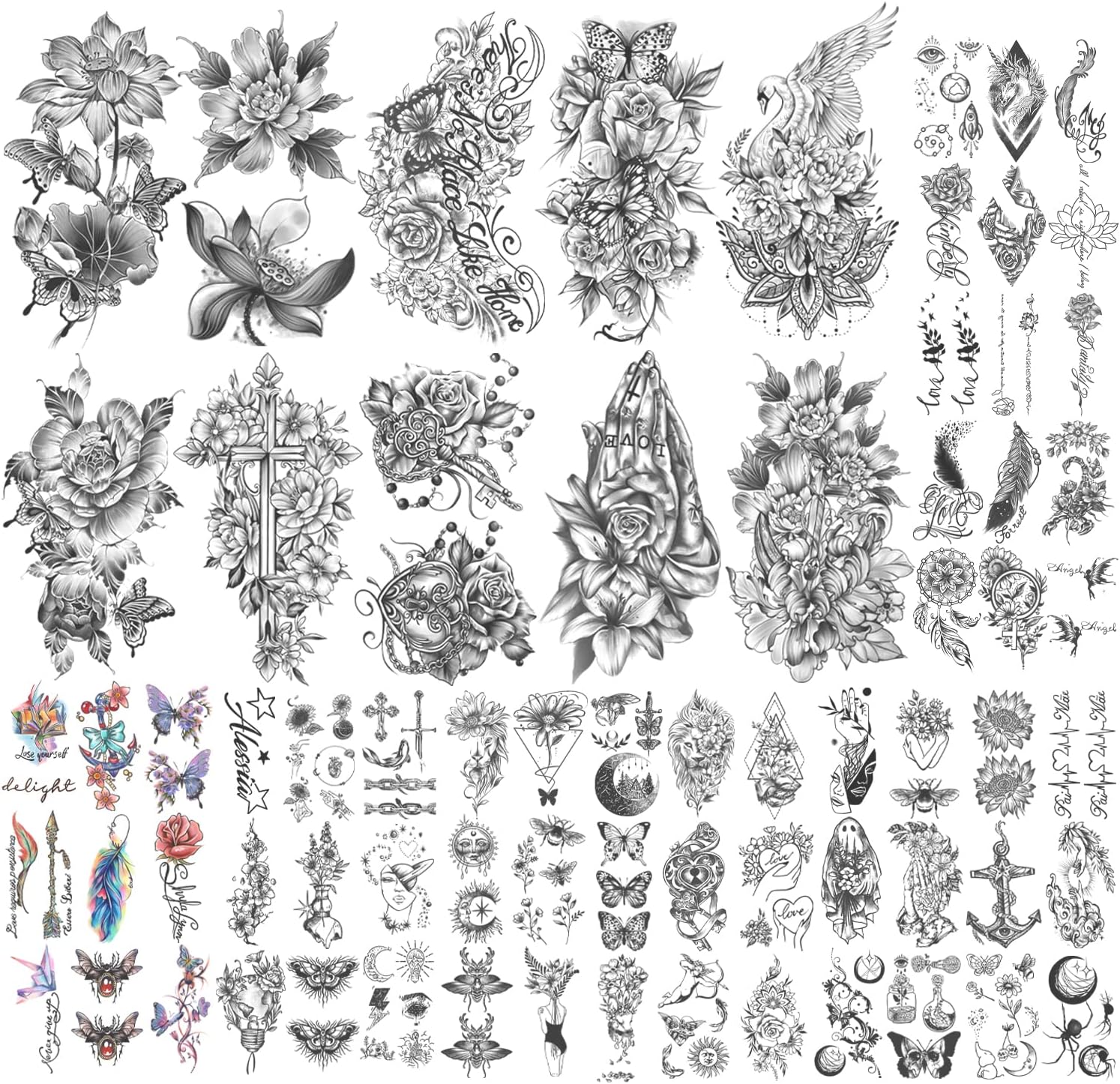 70 Sheets Temporary Tattoo Sunflower, Rose, Bird Half Arm Tattoos for Men, Reali...