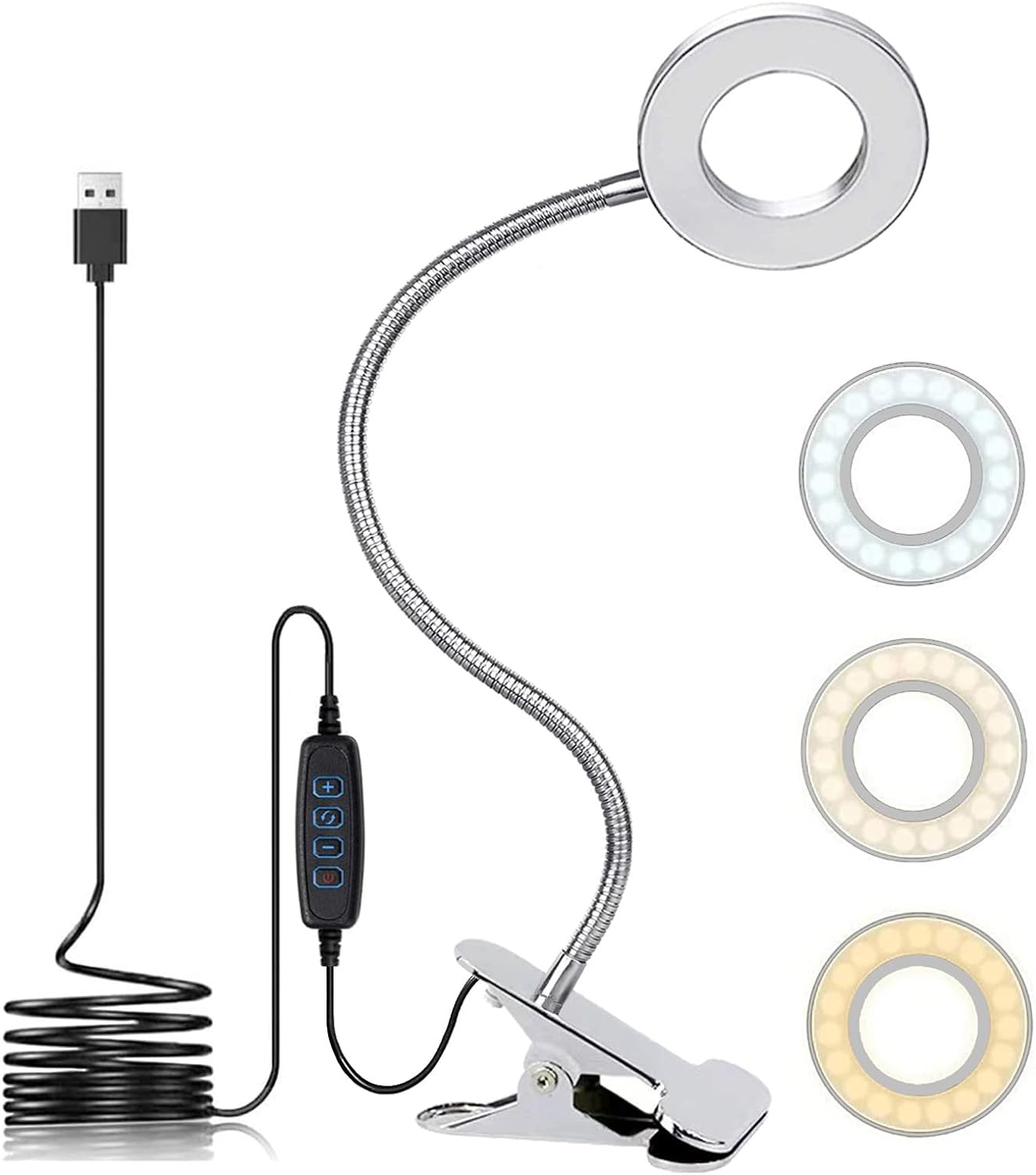 KNAMKY USB LED Desk Lamp Clip On Reading Light, 3 Light Mode 10 Dimmable Brightn...