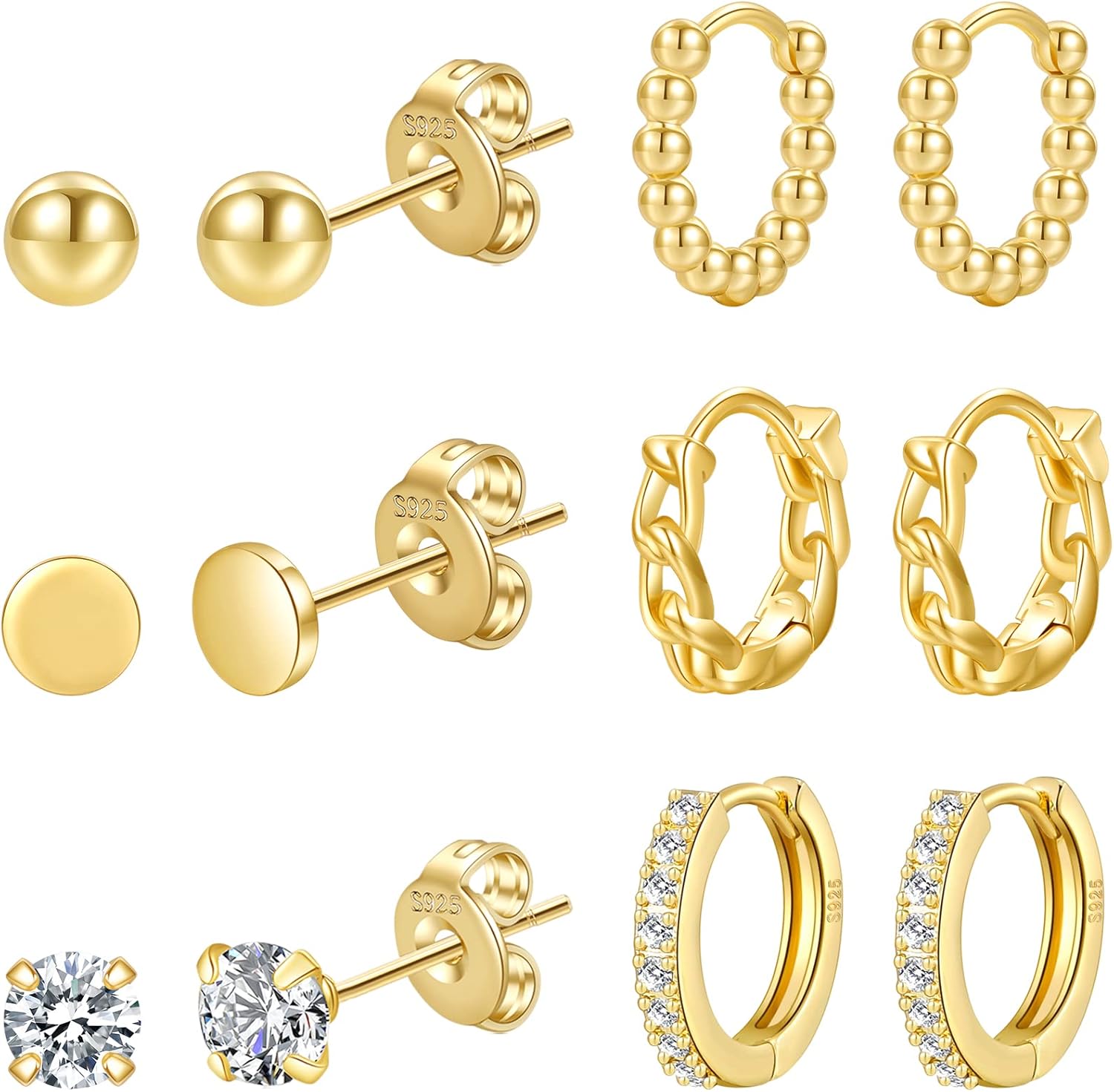 PRETOLE 6/8 Pairs Sterling Silver Stud Earrings for Women,14K Gold Plated Tiny S...