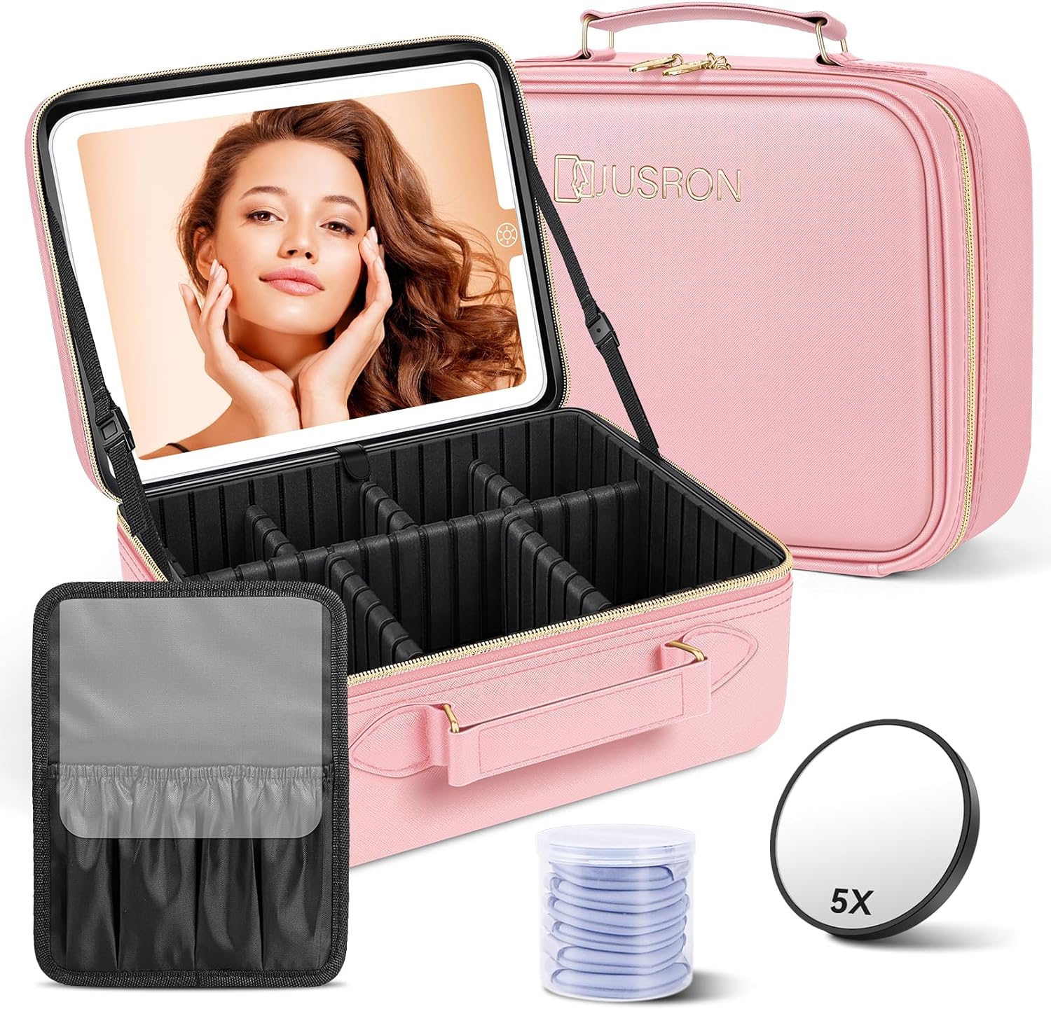 JUSRON Travel Makeup Bag with LED Mirror-3 Colors Modes, Portable Cosmetics Orga...