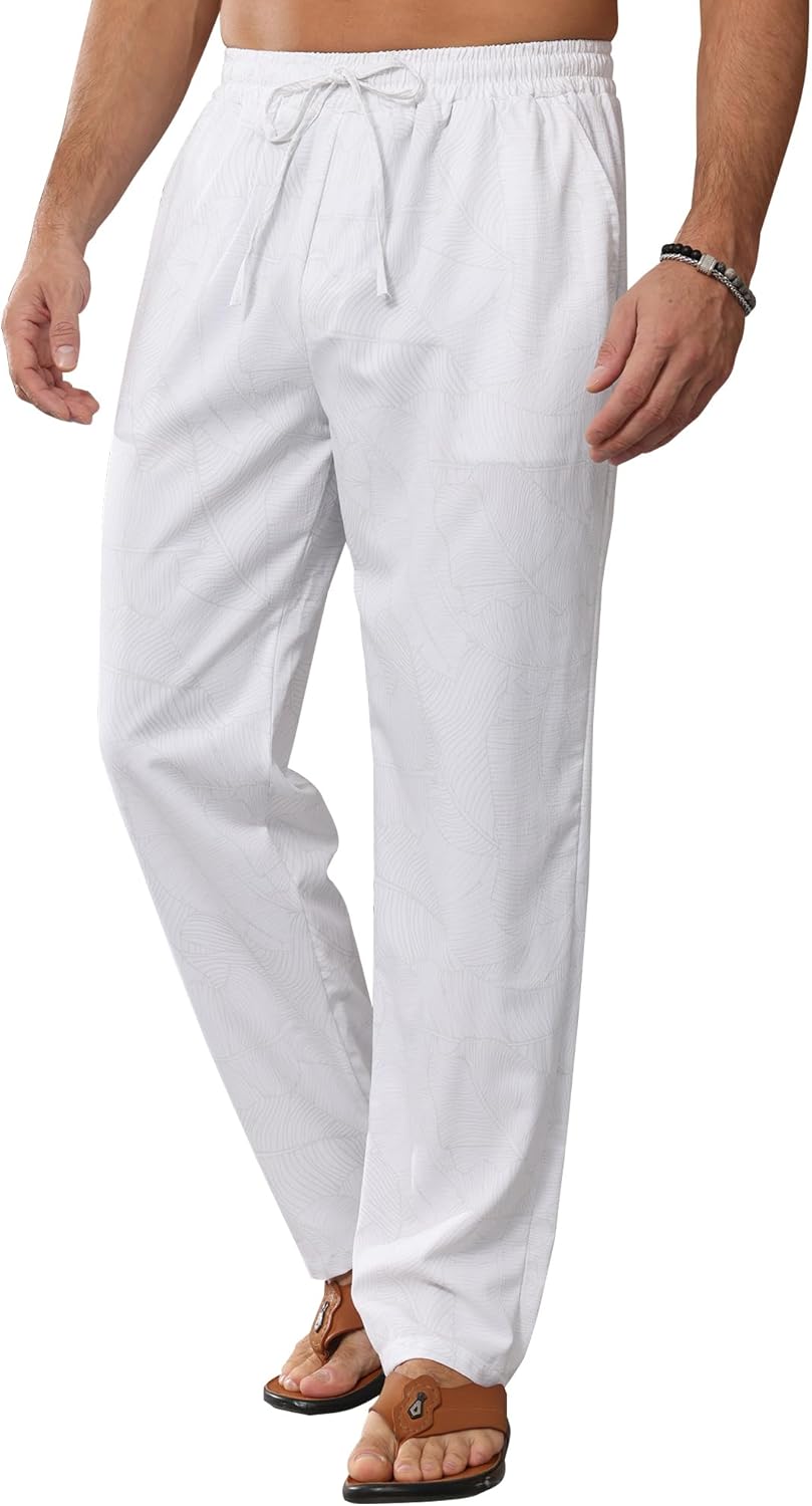 Mens Trousers Pattern Print Drawstring Trousers Summer Casual Beach Pants White...