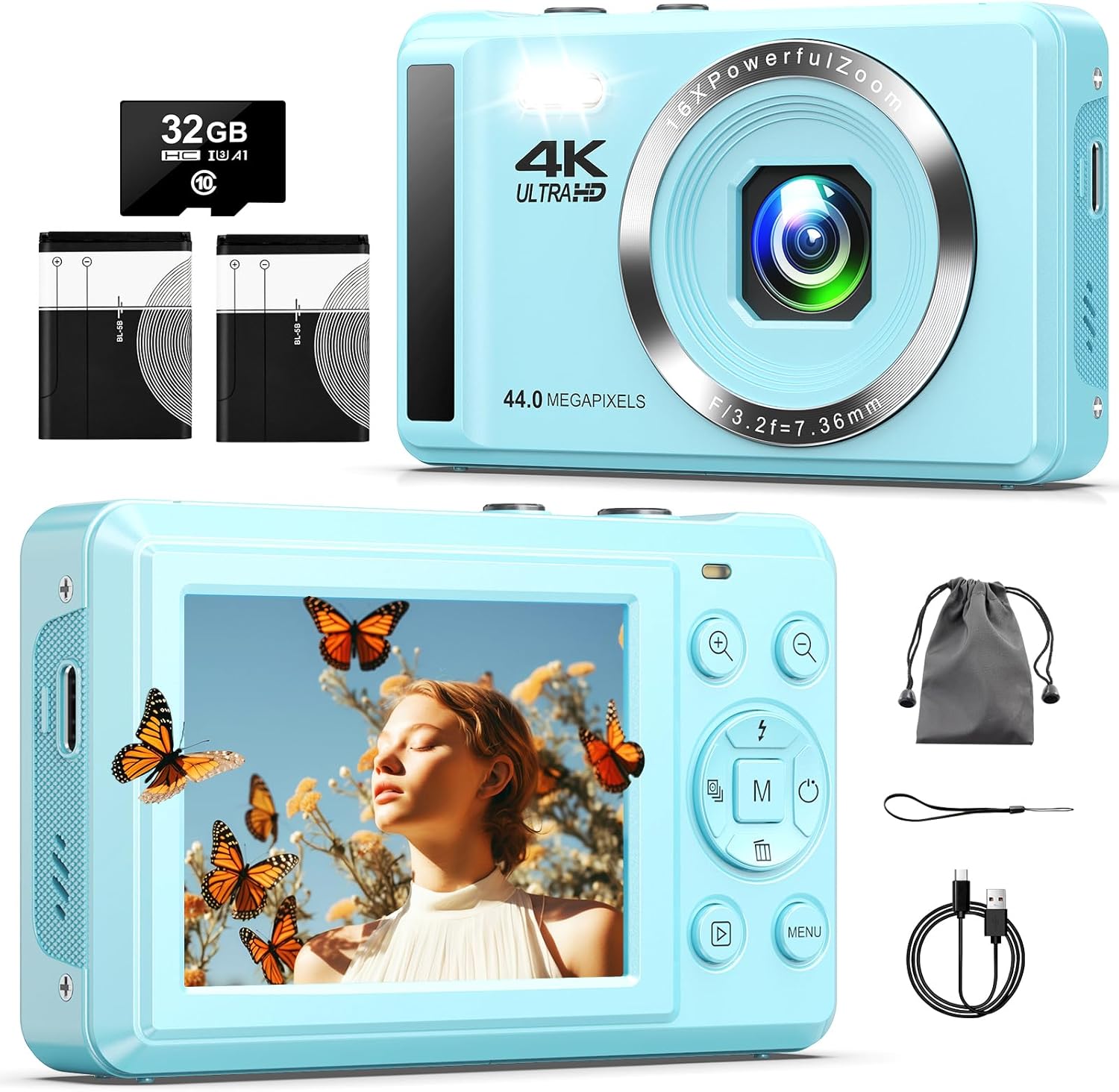 4K Digital Camera with 32GB SD Card, 44MP Autofocus Compact Camera for Photograp...