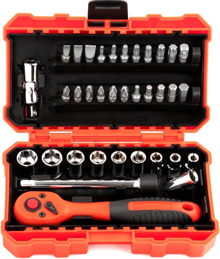 FOURROBBER Ratchet Socket Set,35 Pieces Socket Wrench Set,72-Teeth 1/4" Reversib...
