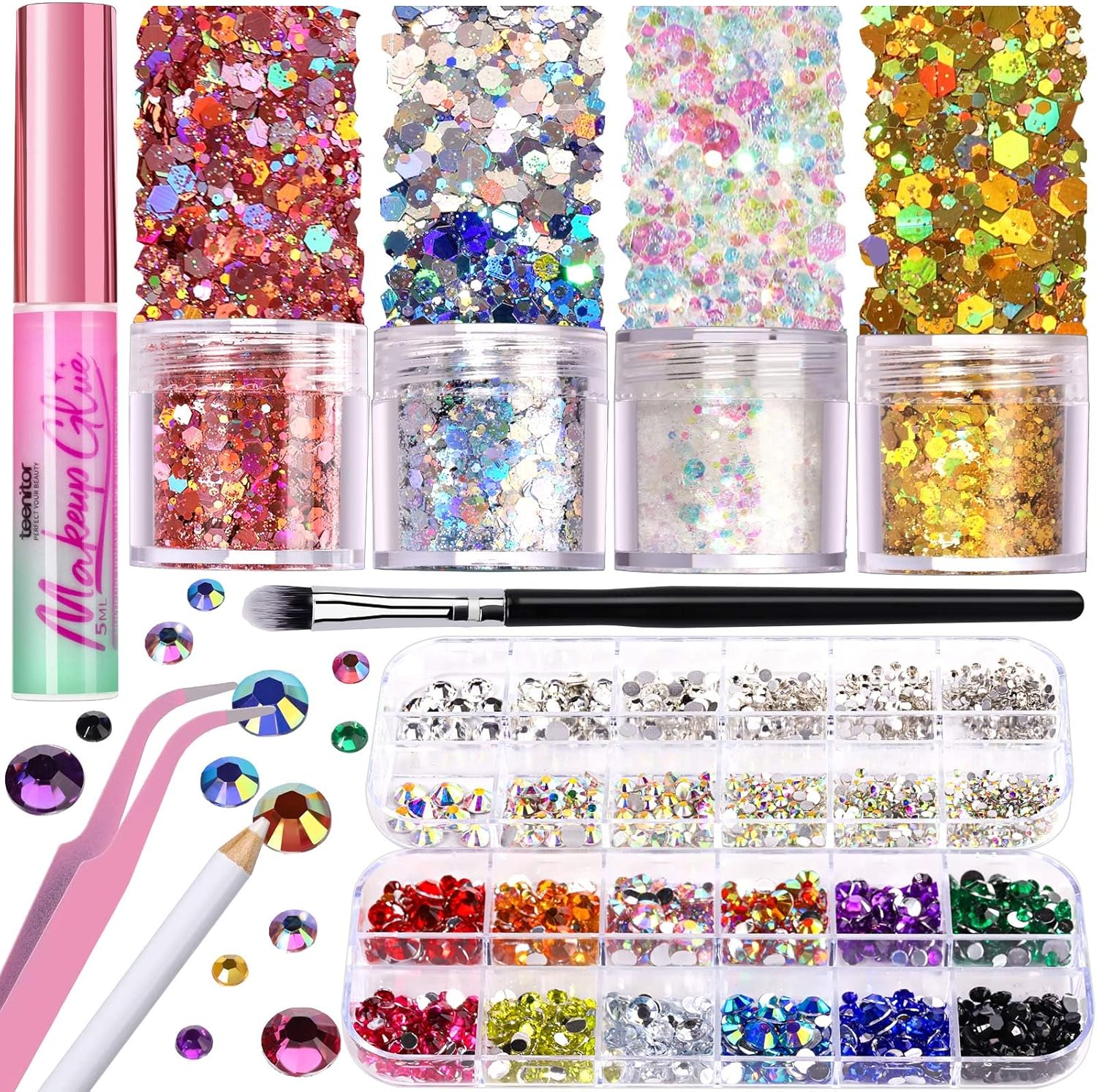 Teenitor Body Glitter with Skin Glue Set, 4 Bottle Face Glitter Makeup & 2 Box F...