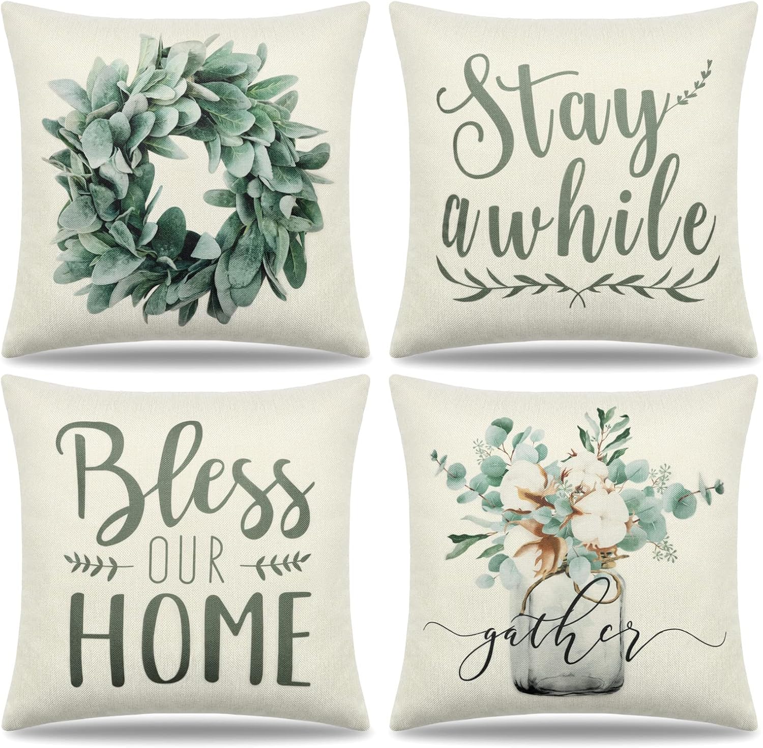 Dremisland Green Cushion Covers 45 X 45 Eucalyptus Wreath Vase Decorative Pillow...