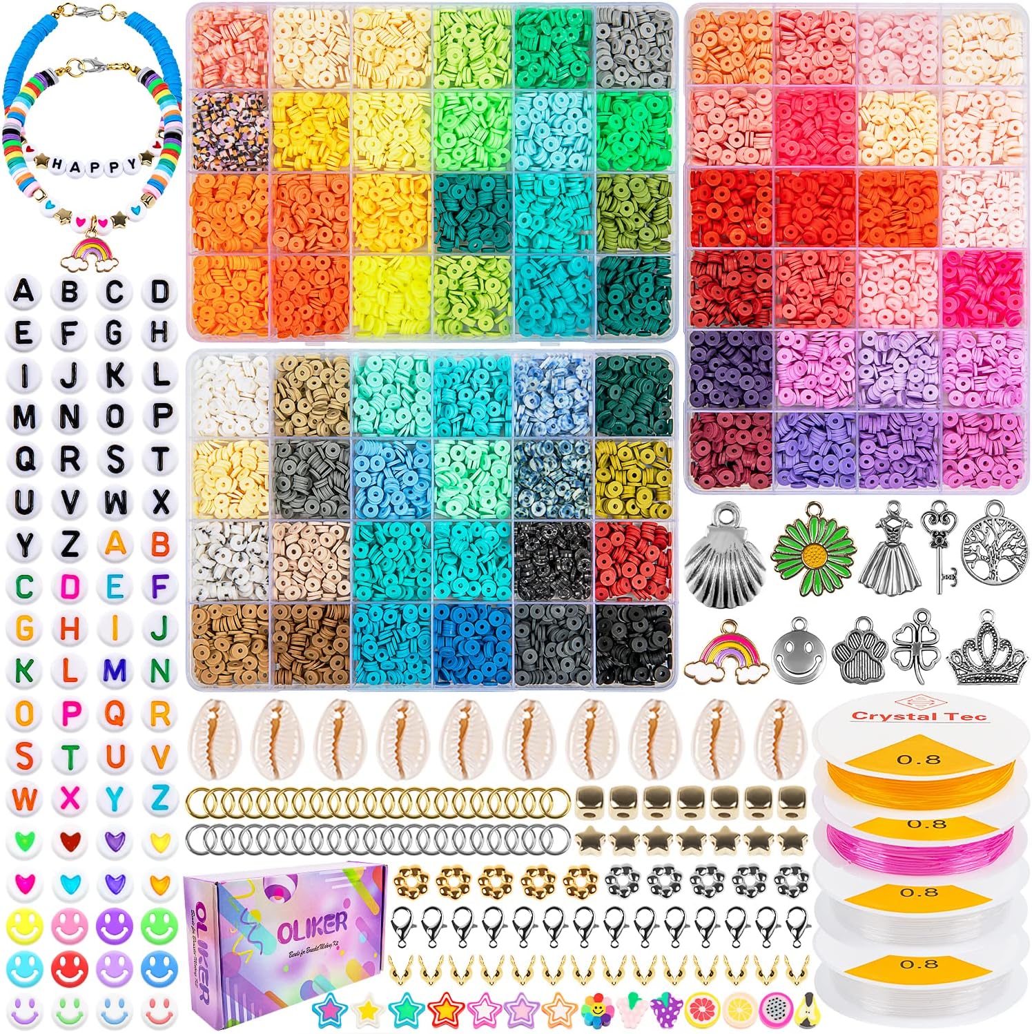 HONGTEYA 12600 Pcs Clay Beads for Bracelet Making Kit,72 Colors Flat Round Polym...
