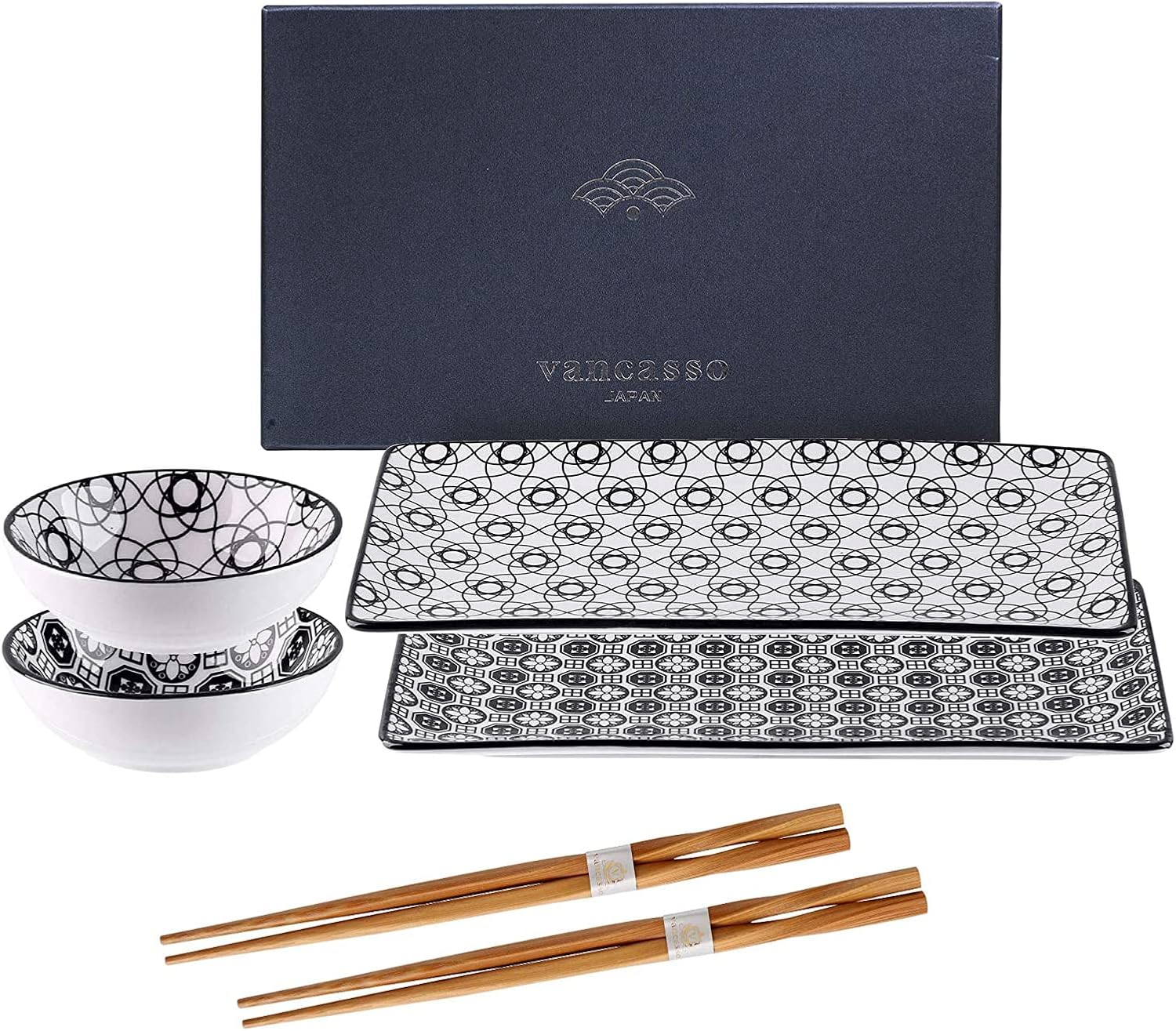 vancasso Haruka Porcelain Sushi Plate Set for 2, Japanese Style Ceramic Black Wh...