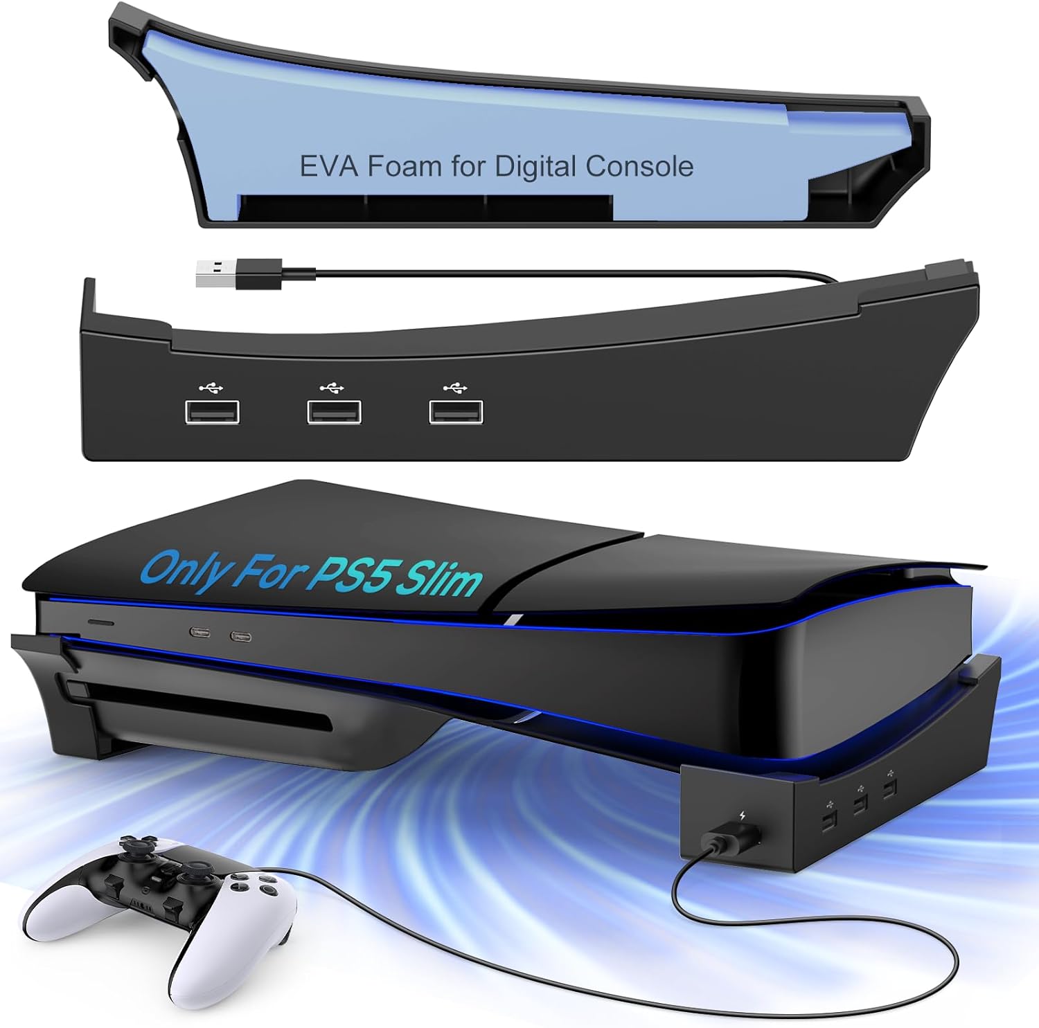 Horizontal Stand for New PS5 Slim Console with 4-Port USB Hub, Base Bracket Acce...