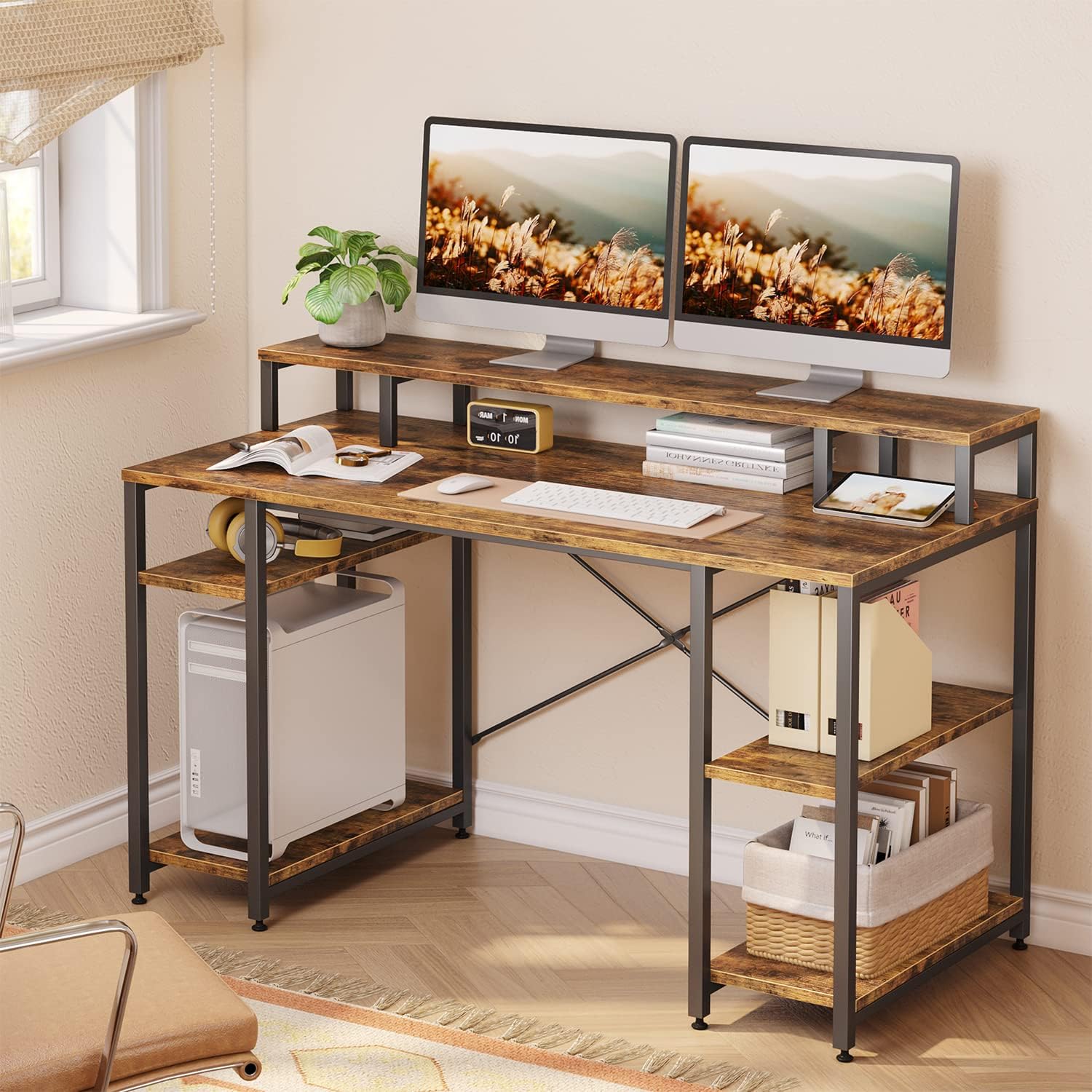 Bestier 140CM Computer Desk with Monitor Shelf Gaming Desk with Shelves Writing...
