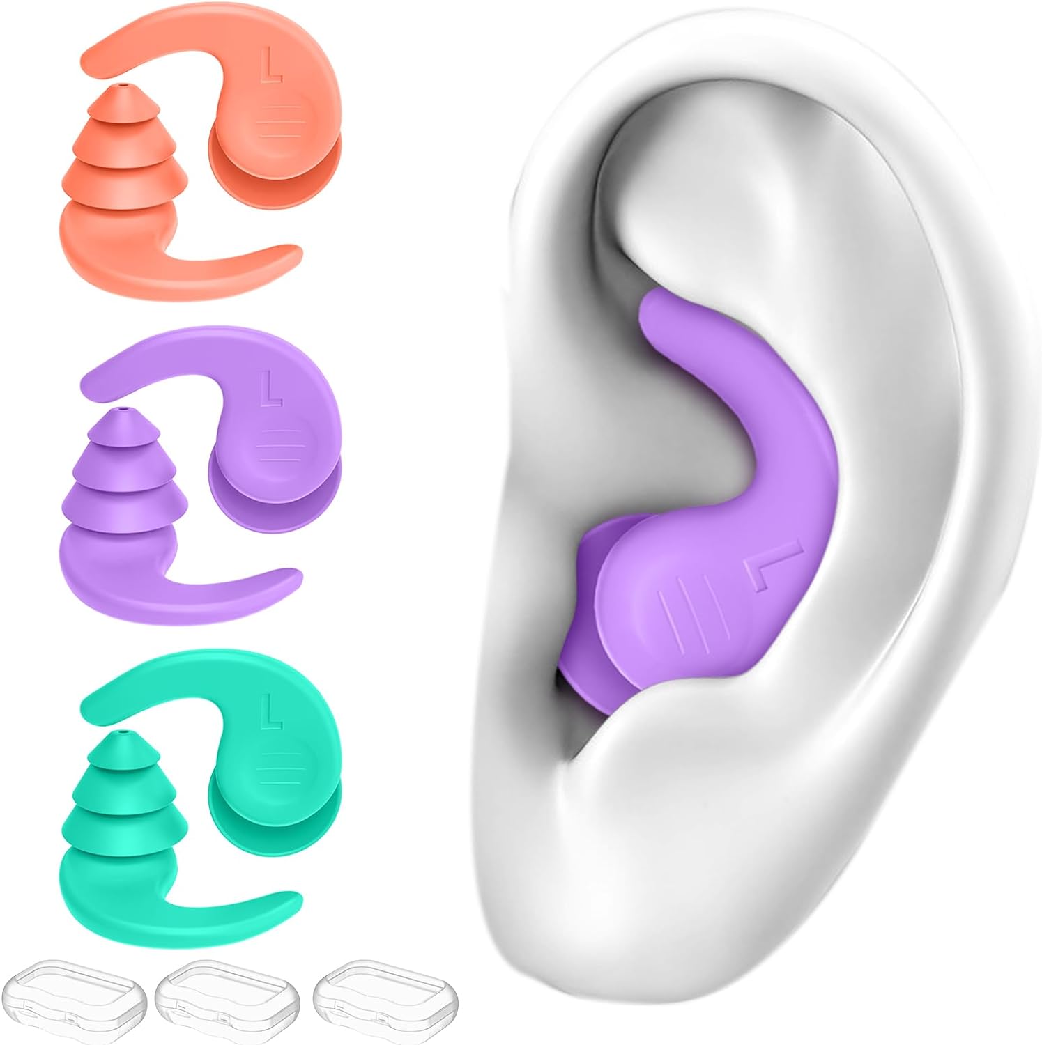 Swimming Ear Plugs, 3 Pairs Waterproof Reusable Silicone Swim Earplugs for Swimm...
