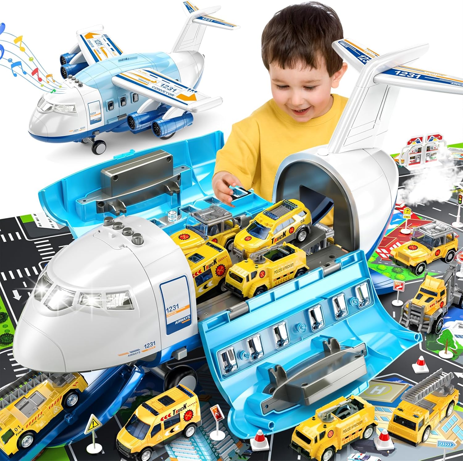 TEMI Storage Transport Plane with 12 Diecast Construction Truck Vehicles and Pla...