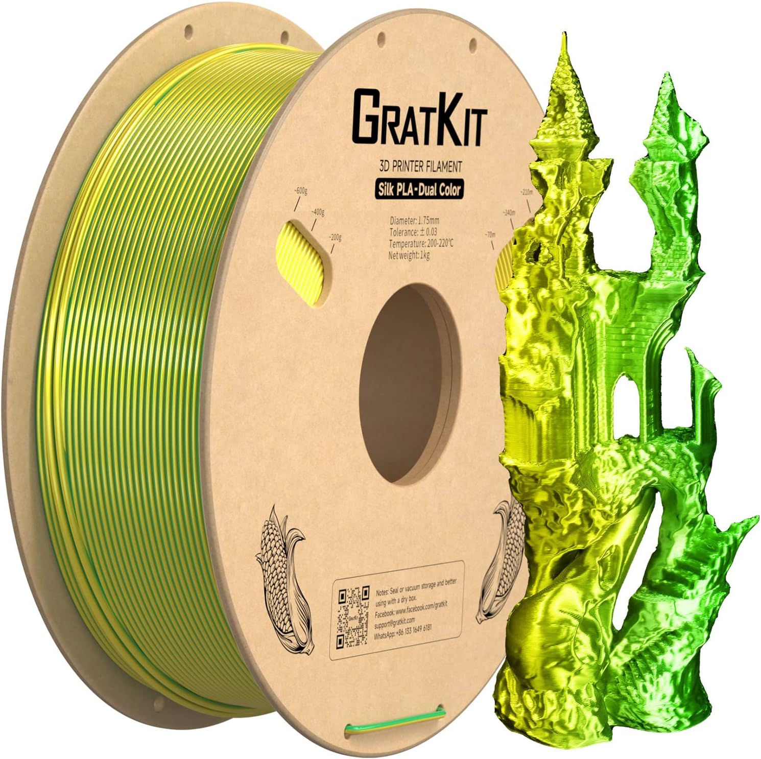 Gratkit Silk Dual Color PLA Filament, Coextrusion PLA Filament 1.75mm, -0.03mm,...