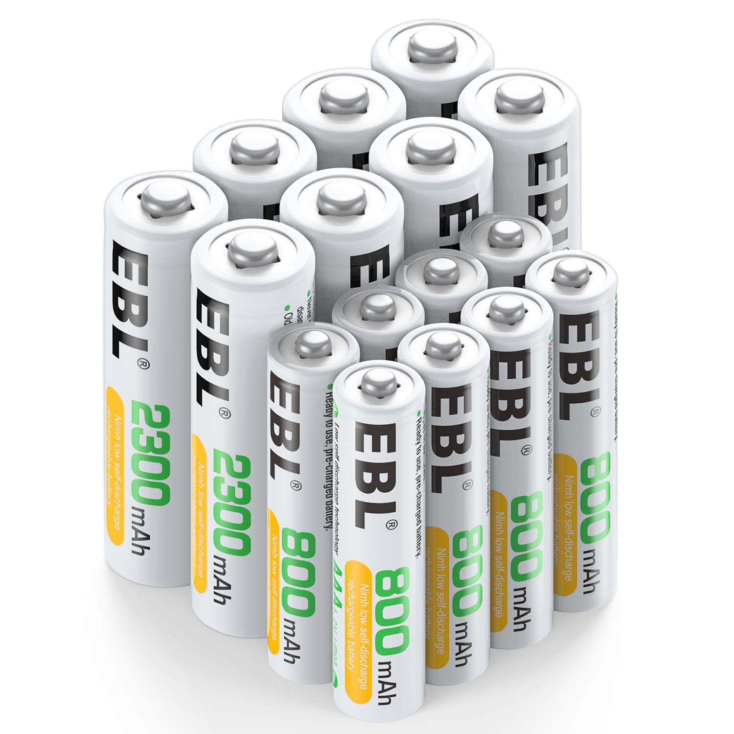 EBL 16 Sets AA AAA Batteries Combo with 8PCS AA 2300mAh & 8-Pack AAA 800mAh Rech...
