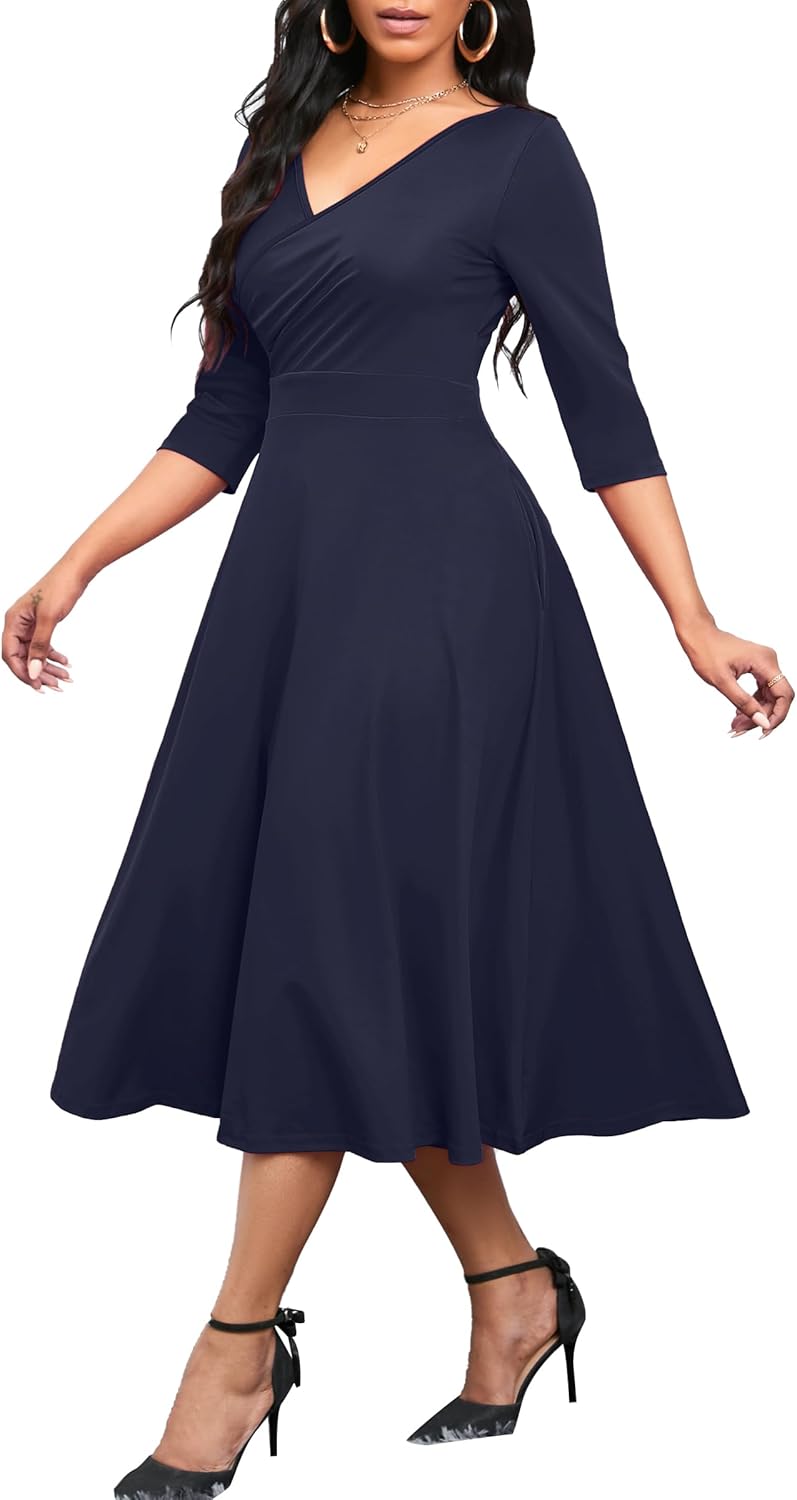 Nmoder Women's Casual Wrap Flared Midi Dress Wedding Guest Cocktail Tea Dresses...