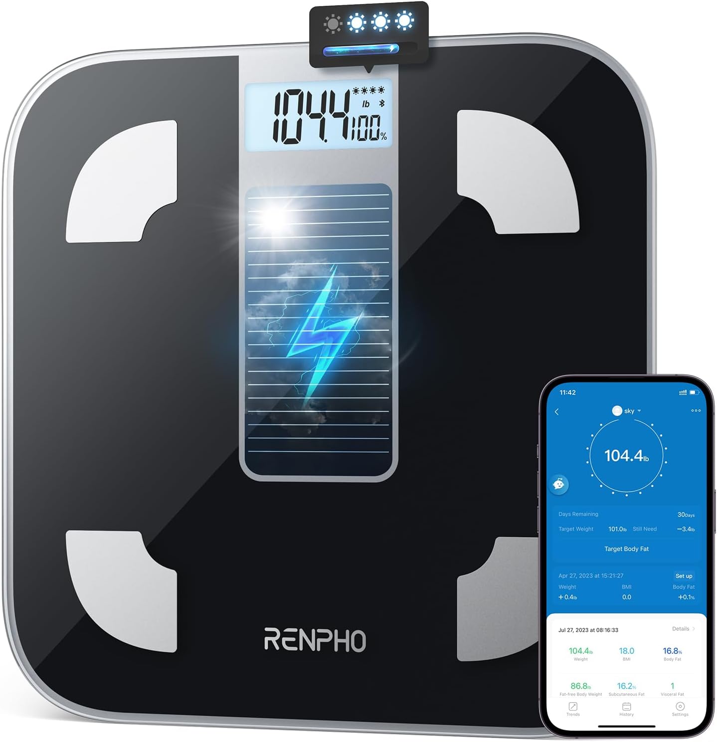 RENPHO Scale for Body Weight and Fat Percentage, No Battery Replacement Solar Po...