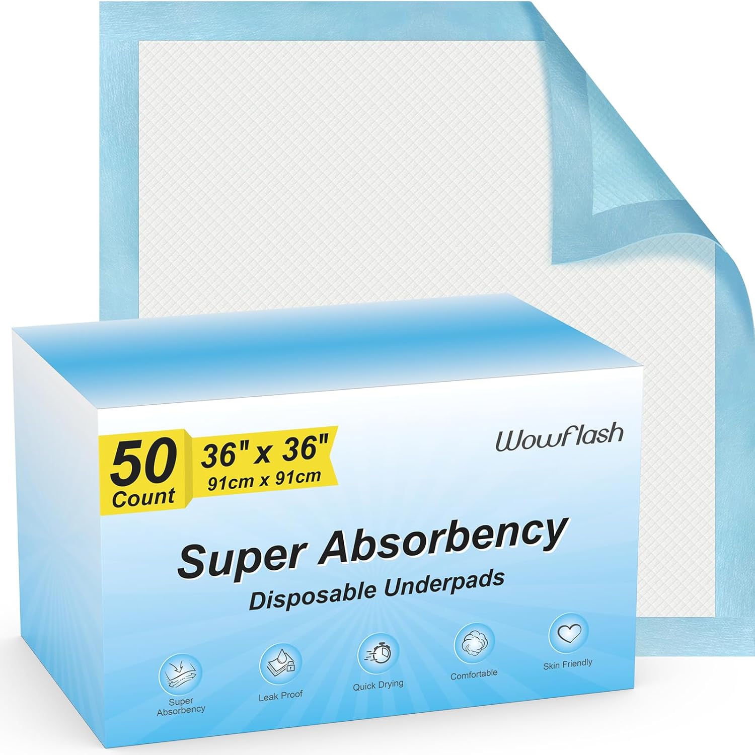 50 Count 36” x 36” Super Absorbency Disposable Underpads, Leakproof Quick Drying...