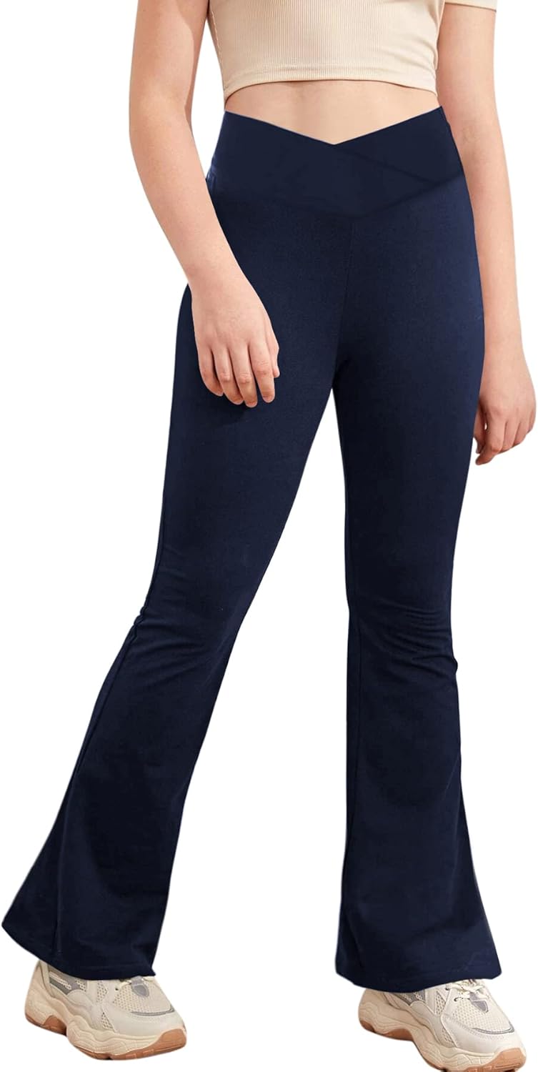 Girl's Leggings Cross High Waisted Flare Pants Yoga Bootcut Pants Solid Color Fu...