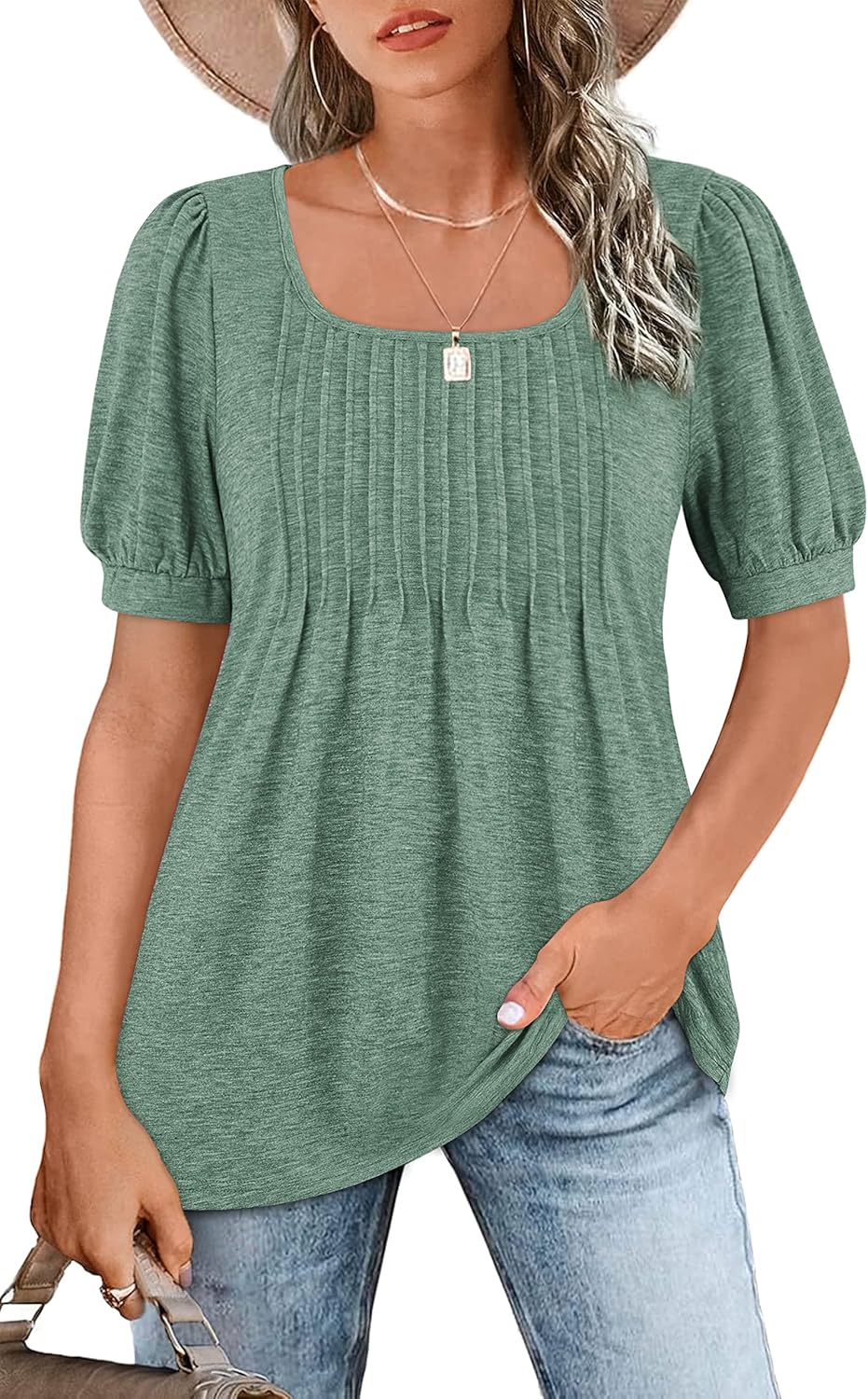 Zwurew Women's Summer Casual Puff Short Sleeve T-Shirts Square Neck Pleated Flow...