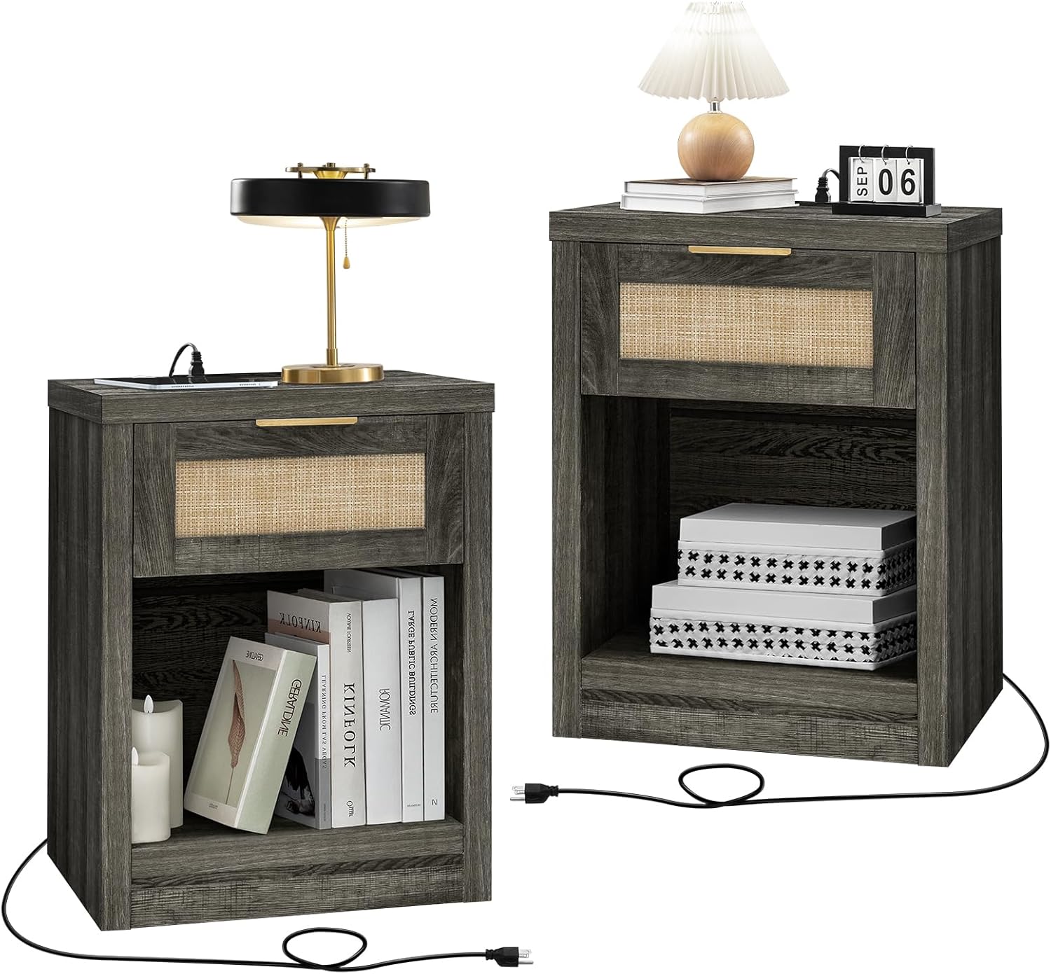 Nightstand Set of 2, Rattan Night Stand with Type-C Charging Station, Bedside Ta...