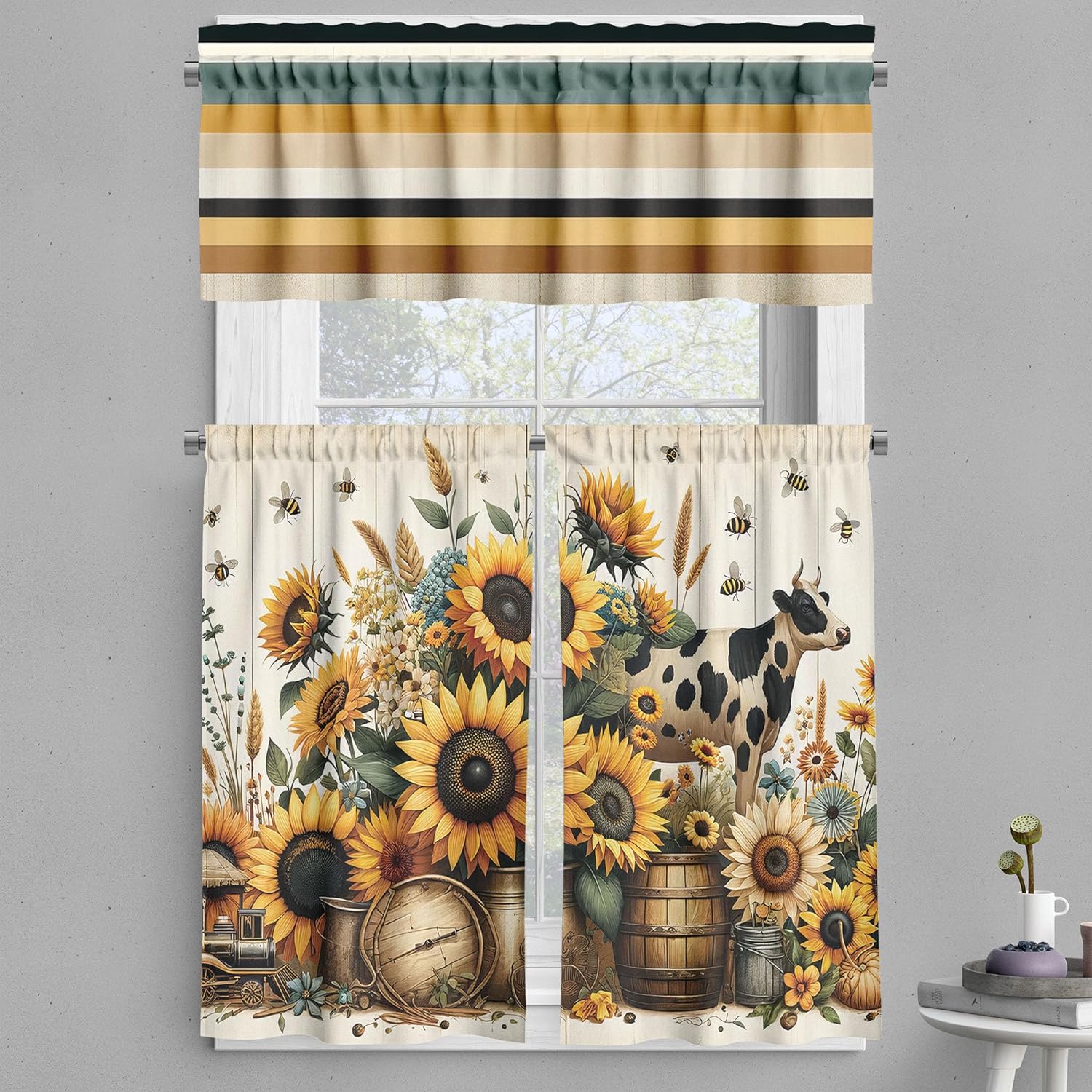 Ambesonne Farmhouse Valance & Tier Curtain 3 pcs Set, Dream Illustration of Sunf...