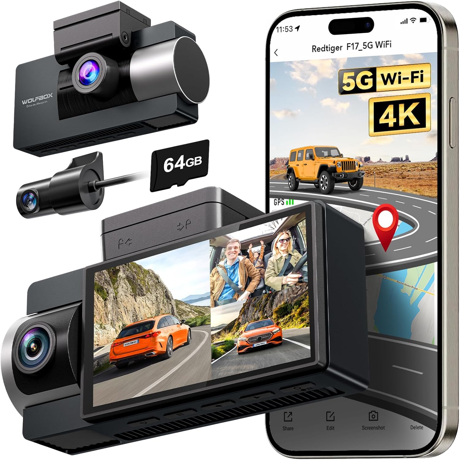 WOLFBOX 4K 3 Channel Dash Cam Built-in 5G WiFi GPS, 4K+1080P+1080P Front and Rea...