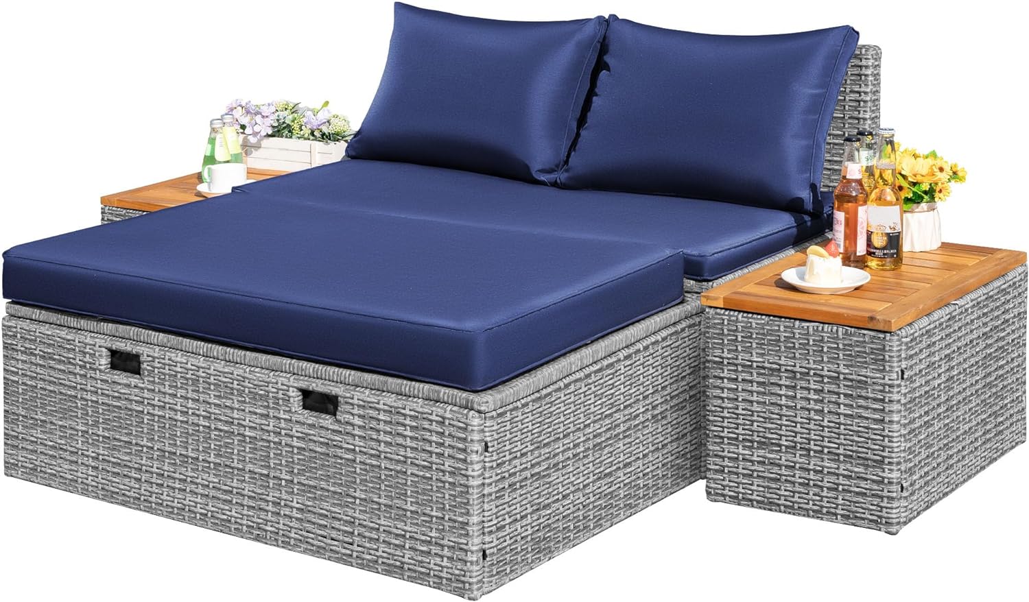 Flamaker Outdoor Rattan Lounge Chair with 2 Side Tables, Multifunctional Outdoor...