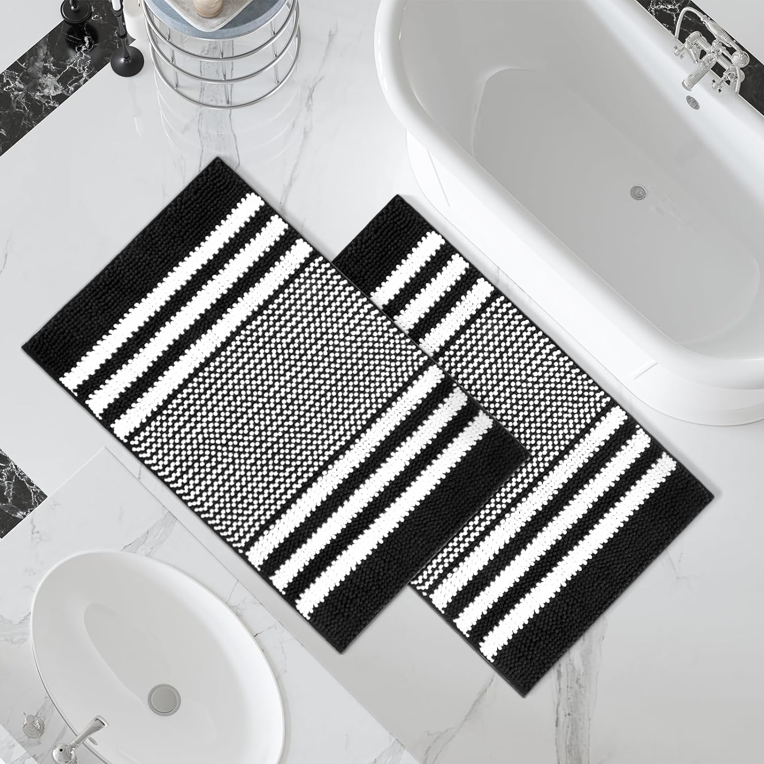 Tindbea Bathroom Rugs Set 2 Piece, Extra Soft and Absorbent Fluffy Striped Cheni...