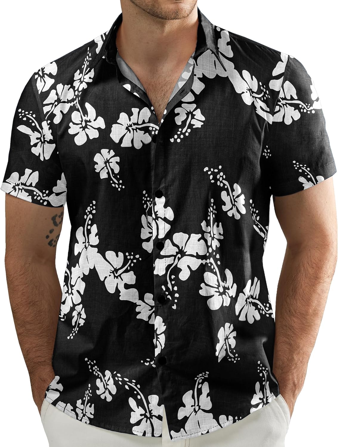 JOGAL Men's Flower Casual Button Down Short Sleeve Hawaiian Shirt Charcoal Black...