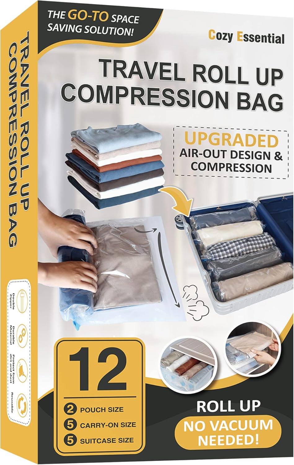 12 Hand Roll Up Compression Travel Bags-Space Saver Bags for Luggage and Cruises...