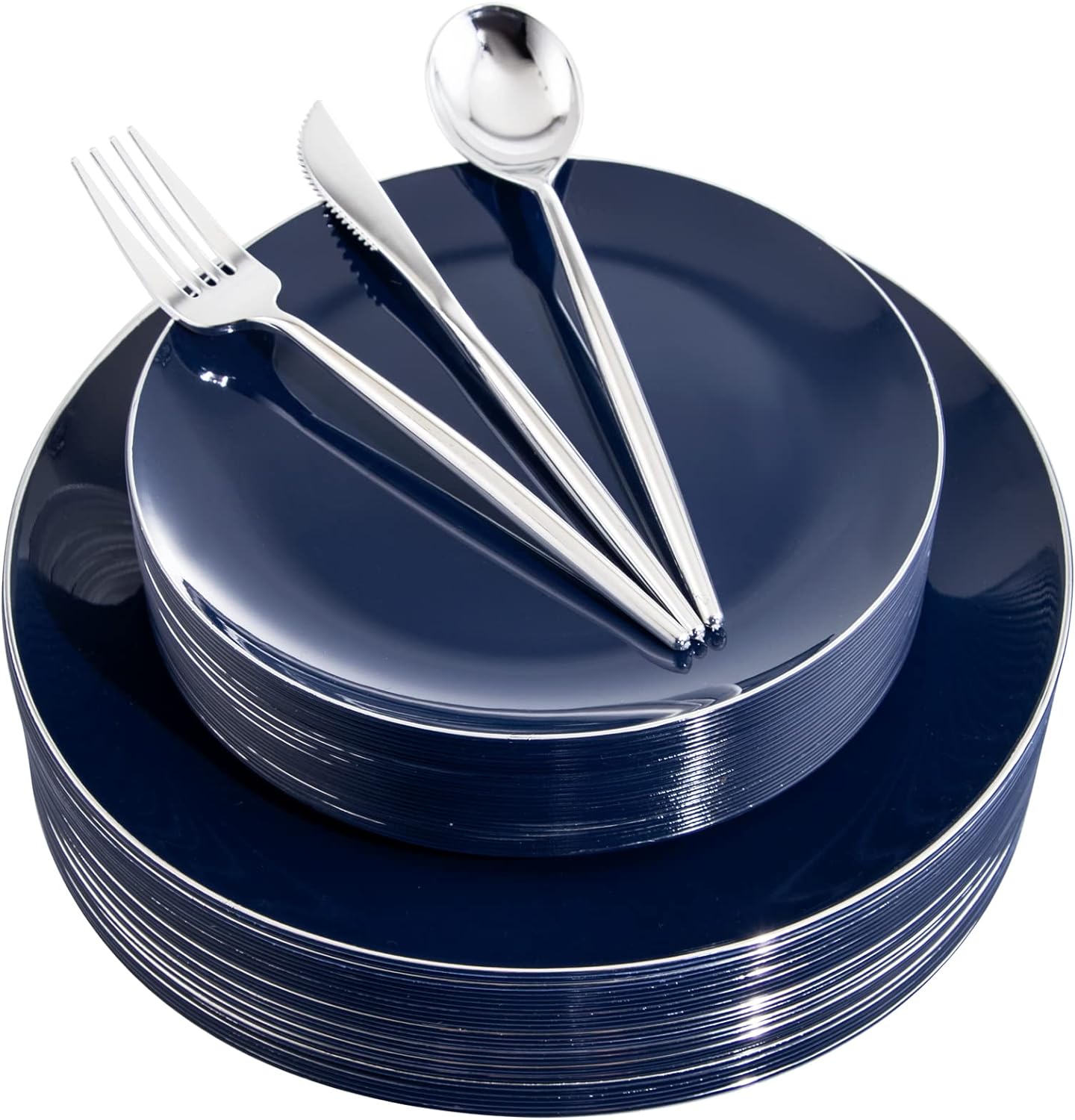 I00000 Plastic Dinnerware Set, 150Pcs Blue & Silver, Disposable Plates & Silverw...