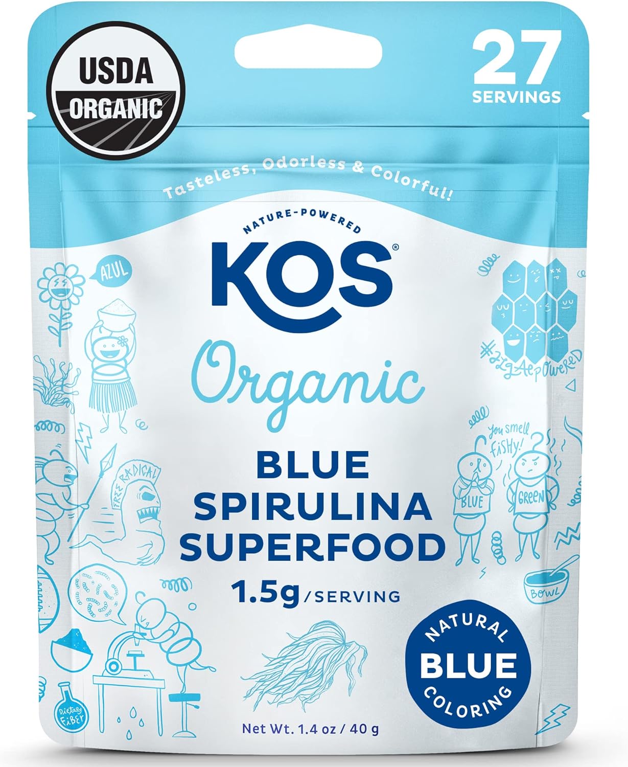 KOS USDA Organic Blue Spirulina Powder, Phycocyanin - Vegan Algae Superfood - Na...