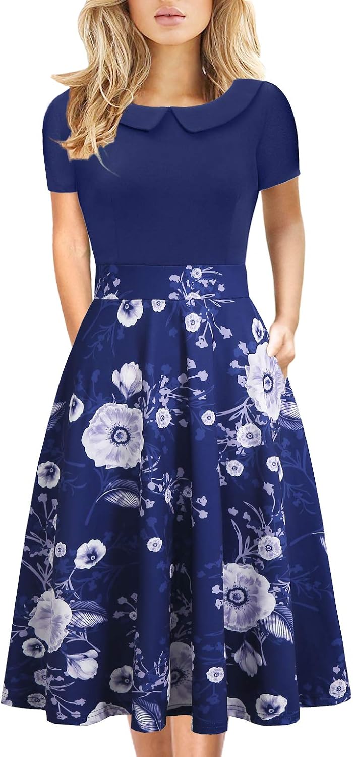 Women's Elegant Vintage Cotton Casual Floral Print Work Party Peter Pan Collar A...