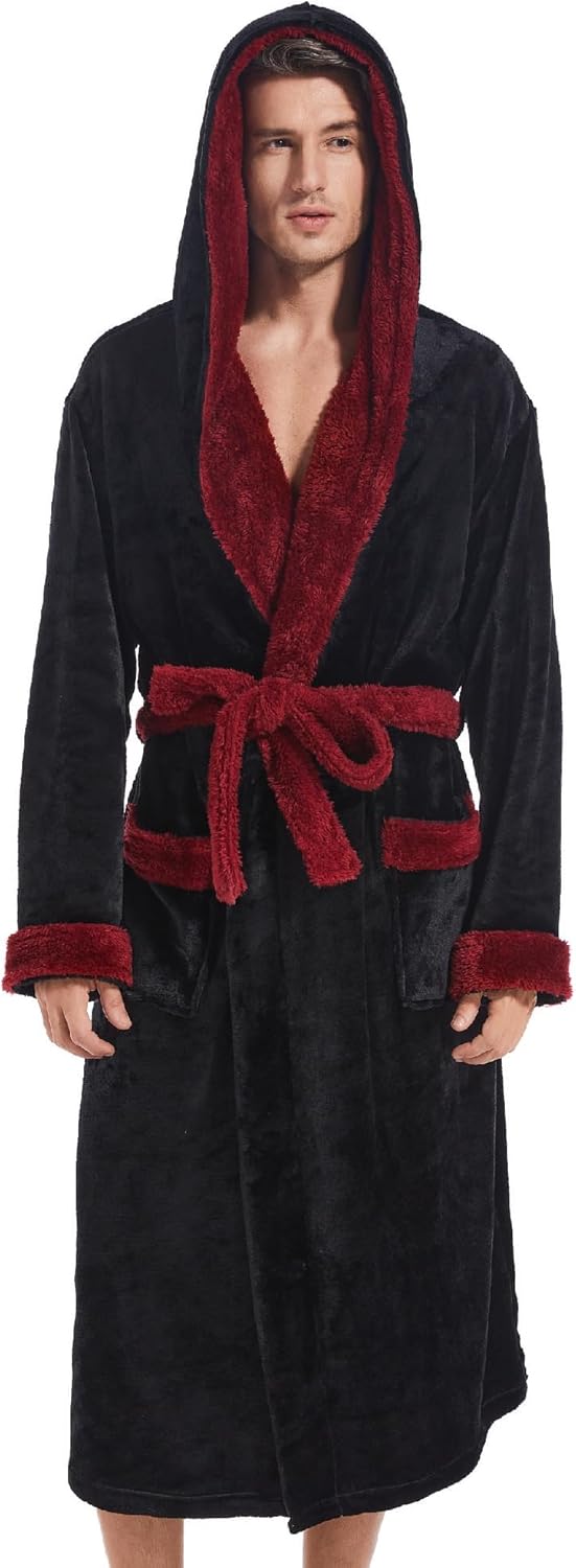 Inner Wish Mens Hooded Robe, Plush Long Bath robes Cozy Warm Bathrobe Fuzzy male...