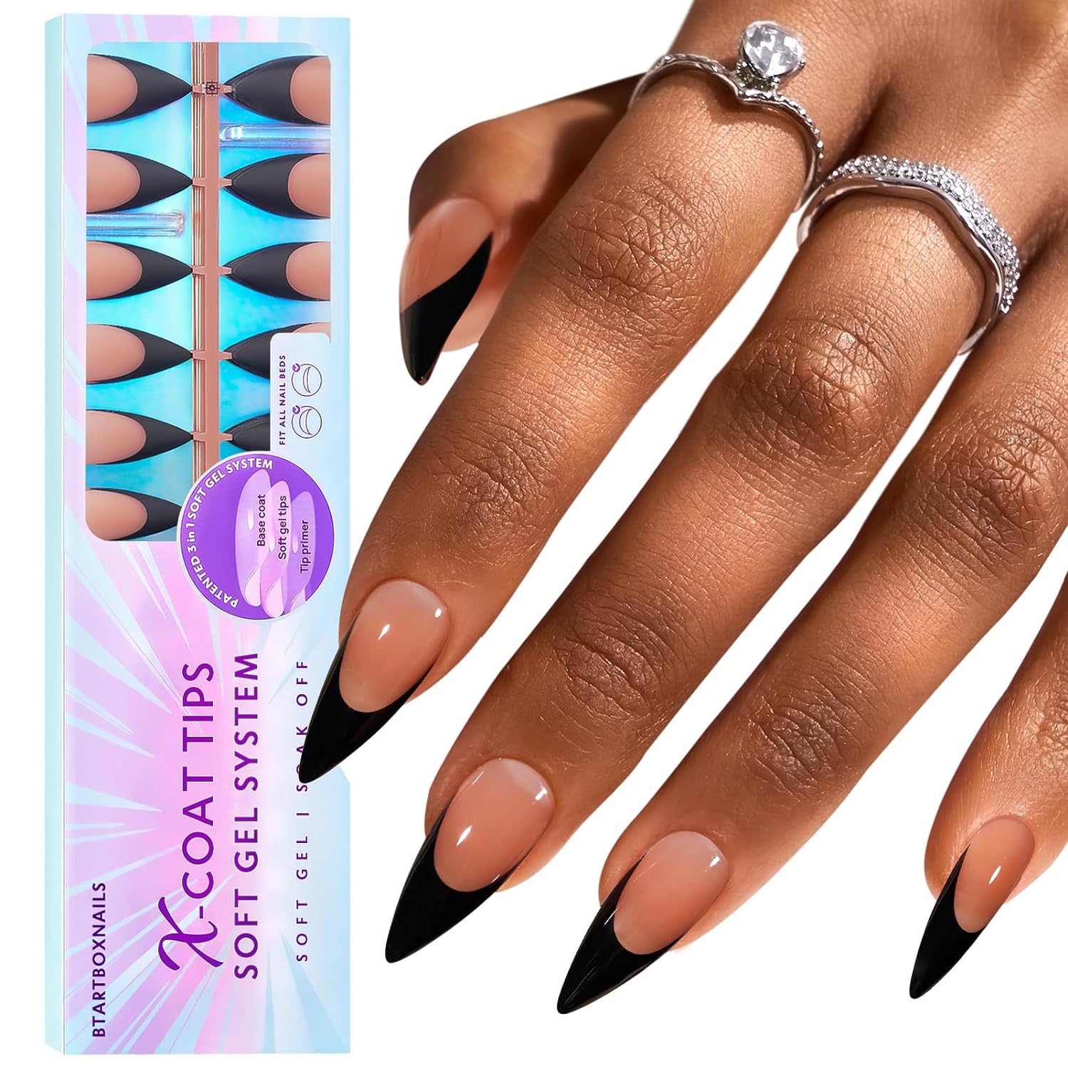 btartboxnails XCOATTIPS French Gel Nails - Soft Gel Black French Tip Press on Na...