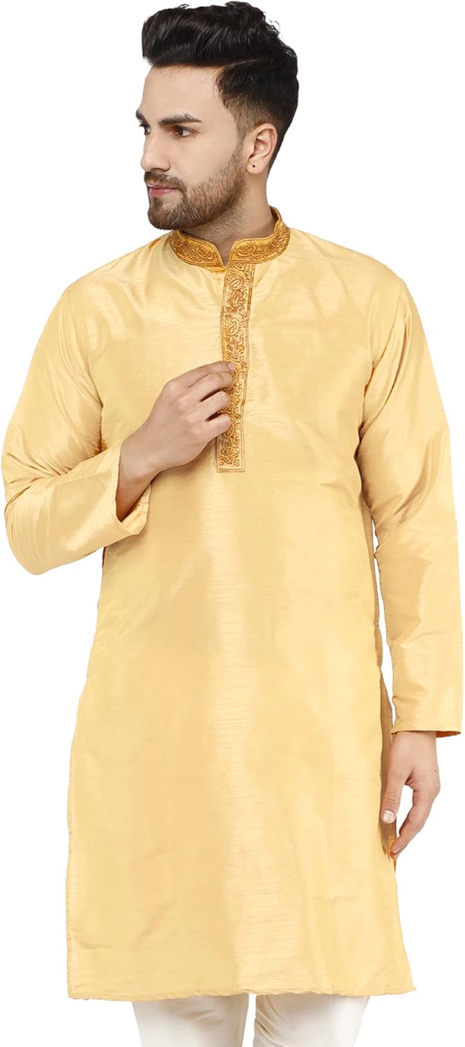 SKAVIJ Mens Art Silk Embroidered Long Kurta Medium Beige