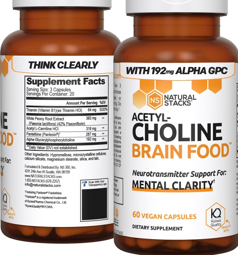 NATURAL STACKS Acetylcholine Alpha GPC 192 mg Brain Food 60 ct- 383 mg White Peo...