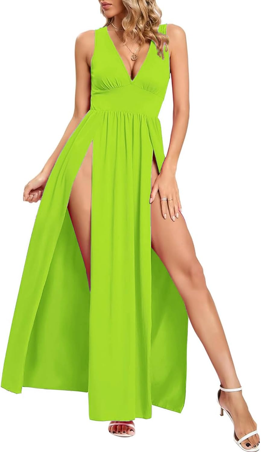 Women's Summer 2024 Sexy Double High Slit Deep V Neck Plus Size Sundresses Thigh...