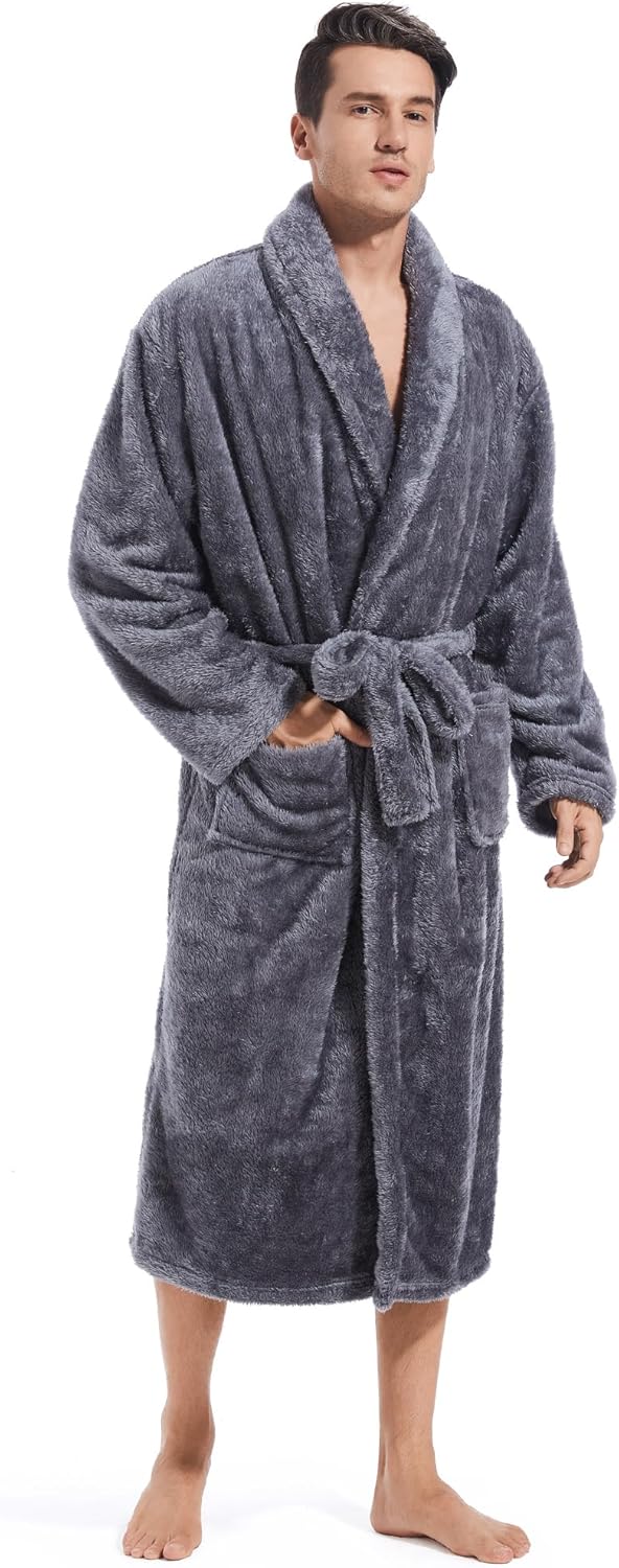 Inner Wish Mens Plush Fleece Robe, Cozy Warm Bathrobe Fuzzy Male Spa Long Robe W...