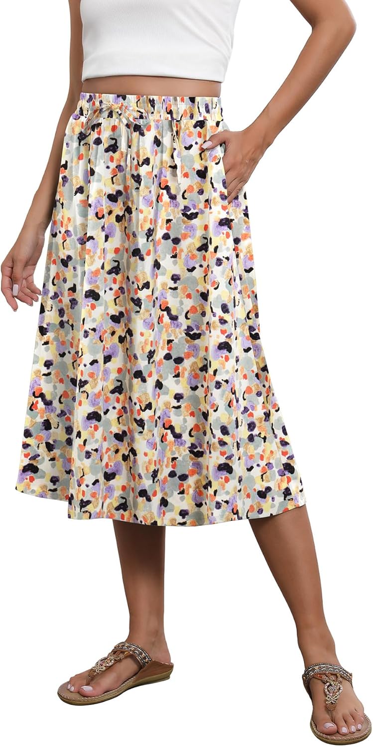 Flowy Skirt Midi Length Elastic High Waist A-Line Skirt with Pockets Bohemia for...