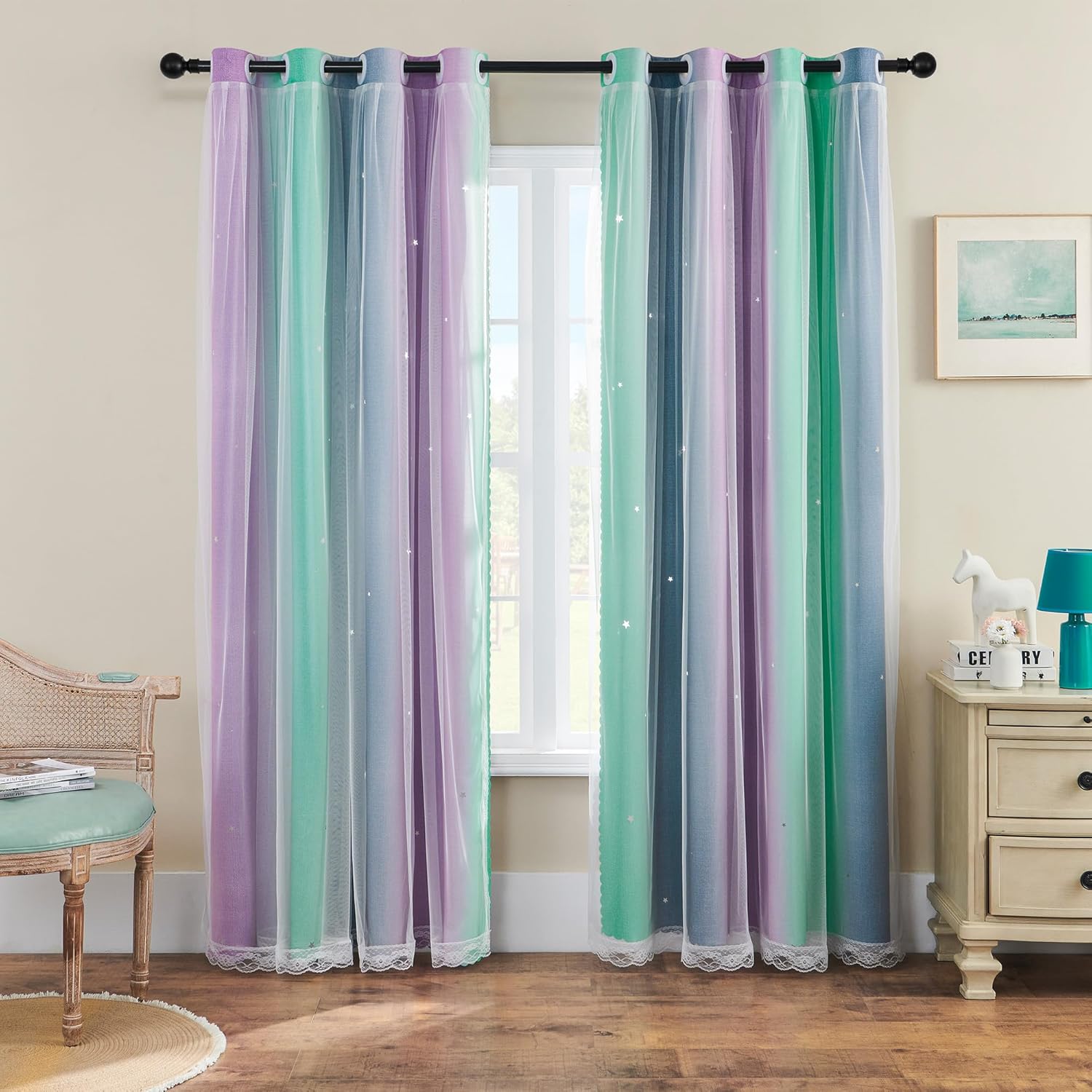 XiDi Purple Grey Curtains for Kids Bedroom, Princess Room Decor Green Curtain, C...