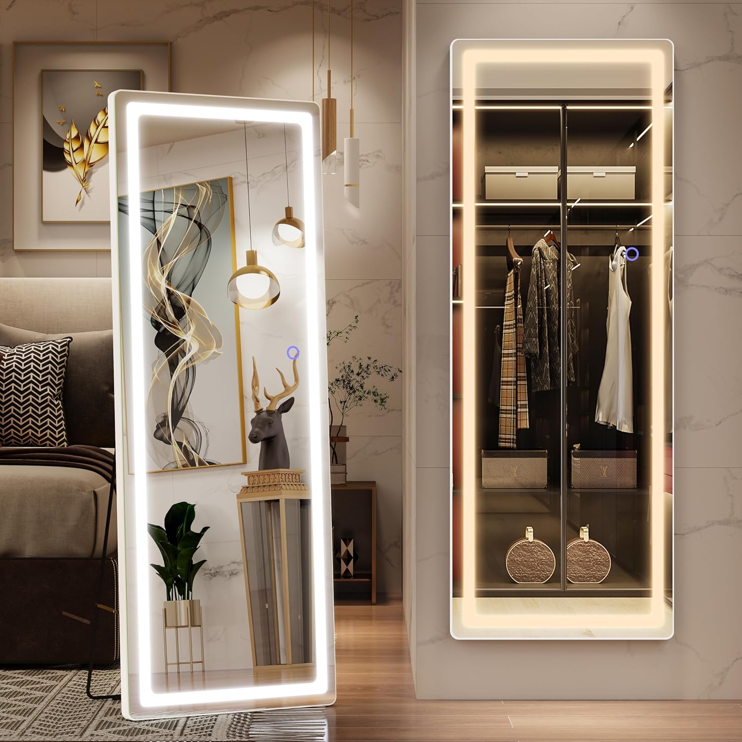 FENNIO Full Length Mirror with Lights, 57" x 17" LED Full Body Mirror, Free Stan...