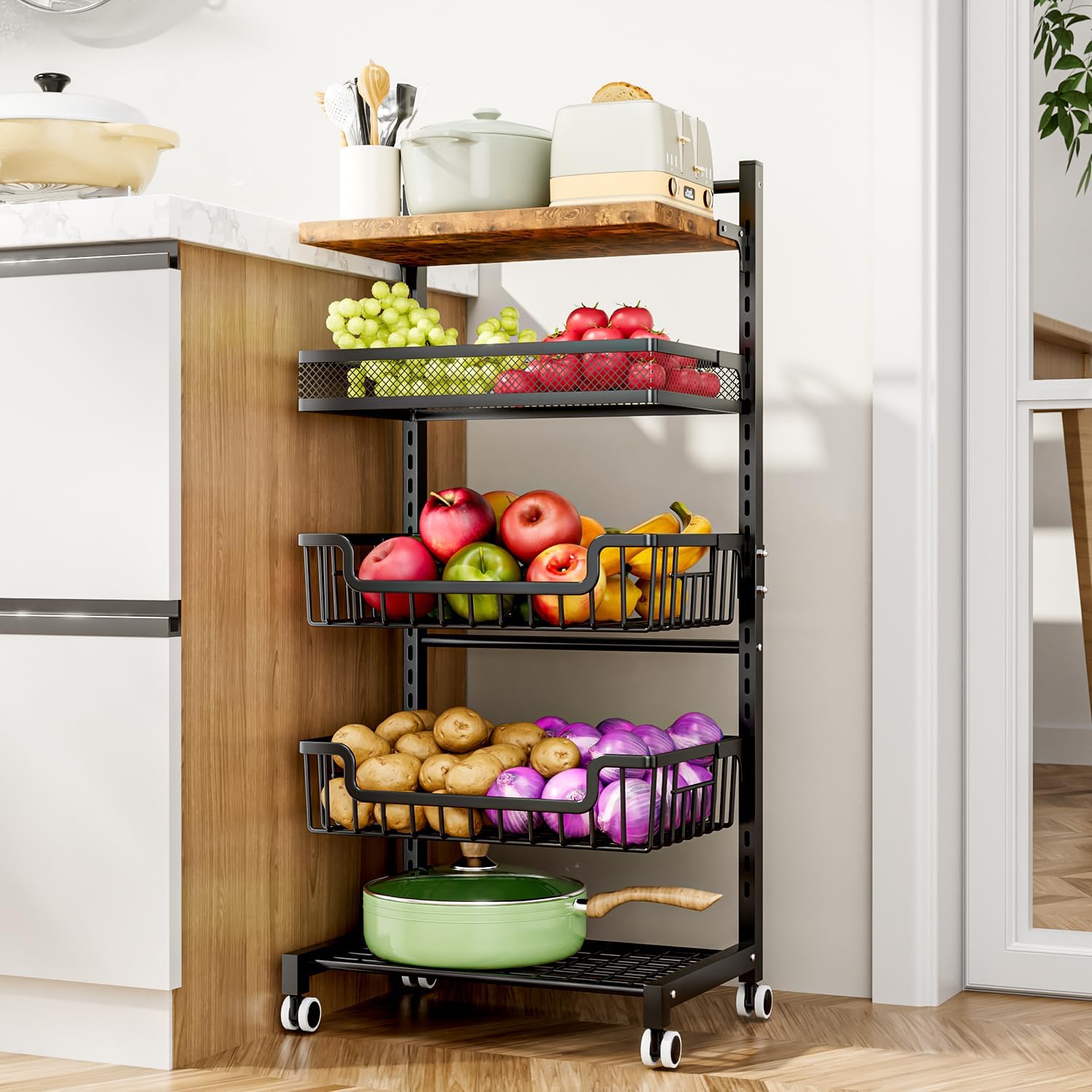 HapiRm 5 Tier Fruit Basket Kitchen Storage Cart, Adjustable Fruit and Vegetable...