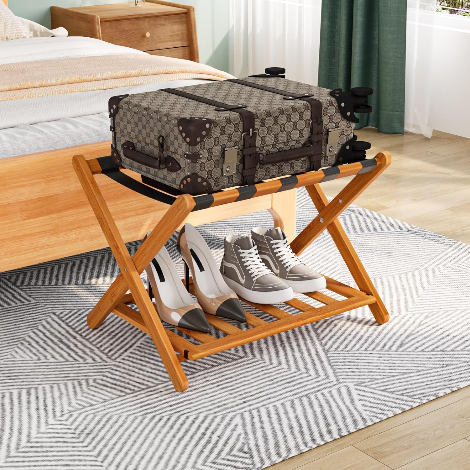 Fully Assembled Honey Luggage Rack, Upgraded Bamboo Foldable Suitcase Stand with...
