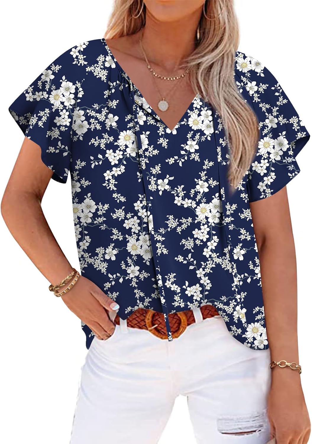 Anydoll Womens 2024 Summer Tunic Tops Casual Short Sleeve Blouses V Neck Dressy...